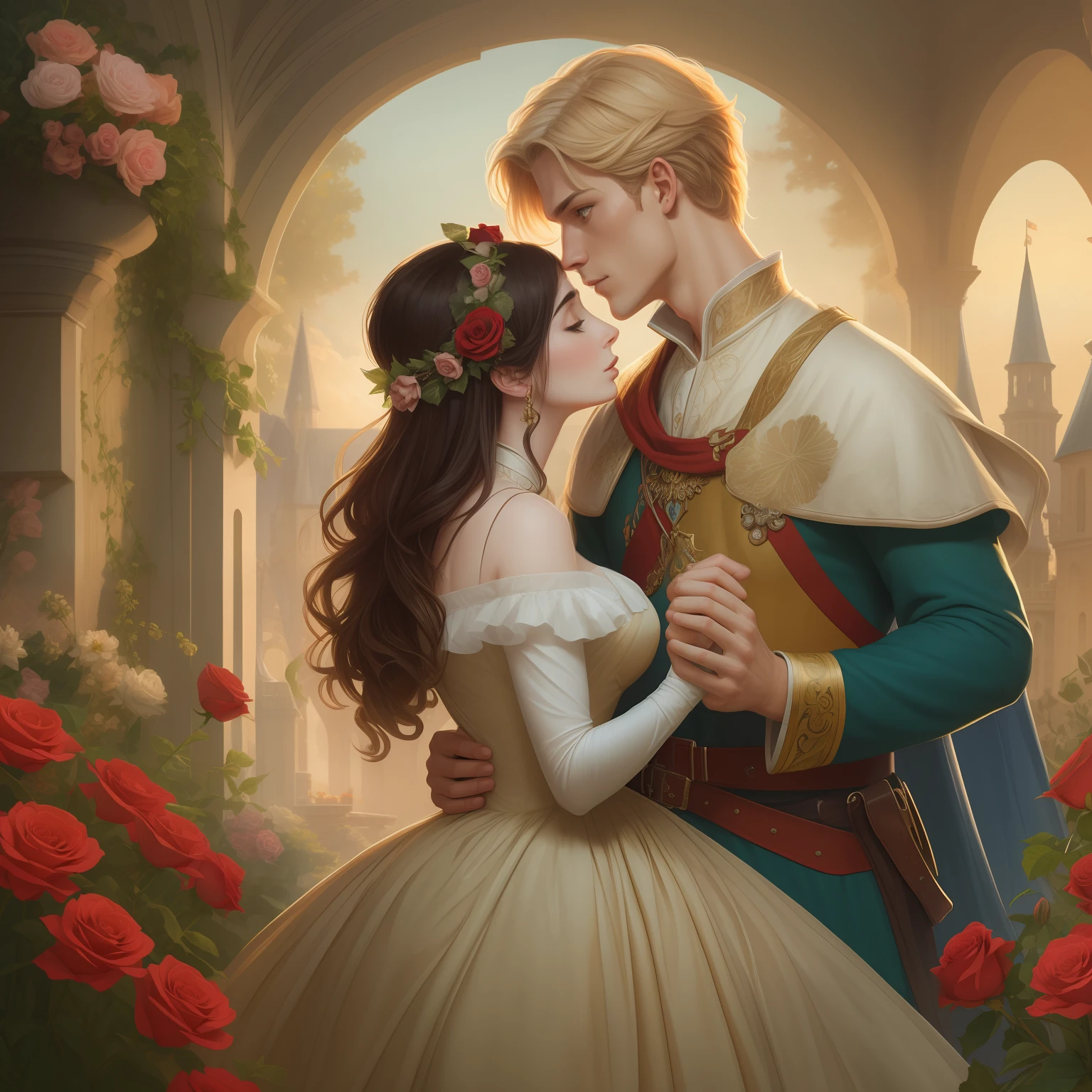 Couple kisses a house and a woman with much affection, the man Neels Visser is a prince who has golden blonde hair, wears a medieval military outfit and is in love with the commoner woman Lily Collins, who has dark curly black hair and wears a red dress, illustration of a romance book cover with a detail,  smooth, bright background full of flowers ivy toppings and red roses, castle, ornate dress standing on a bed of roses, edge light, lighting lighting, ethereal lighting, ultra detail, concept art, elegant, surreal, art by Lisa Aisato, Greg Hildebrandt, Citemer Liu, Stjepan Sejic, Samyang, Aykut Aydogdu, Justin Gerard, Alphonse Mucha, Artgerm, WLOP and Greg Rutkowski