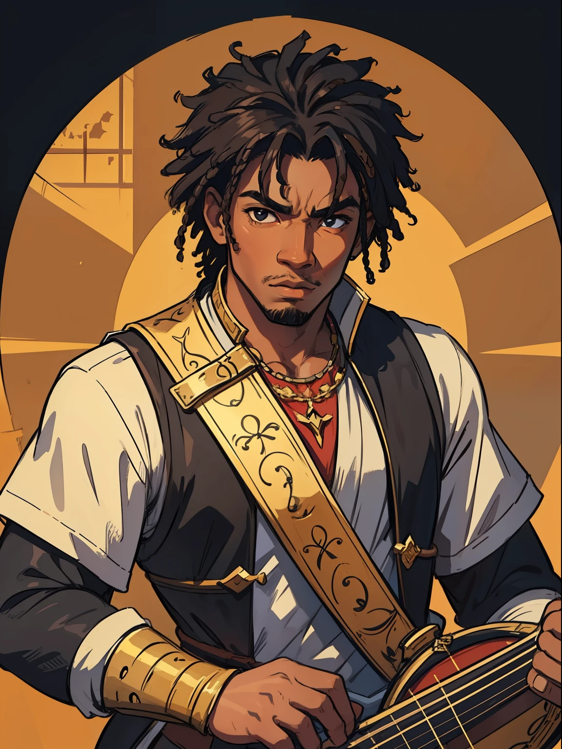 A black man with black African skin, he is a bard with noble and medieval clothes and a strong body and great masculine traits, very strong, this bard is a character for a medieval RPG, he uses magic through sound using a lute.