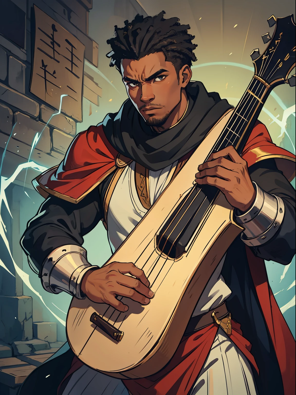 A black man with black African skin, he is a bard with noble and medieval clothes and a strong body and great masculine traits, very strong, this bard is a character for a medieval RPG, he uses magic through sound using a lute.