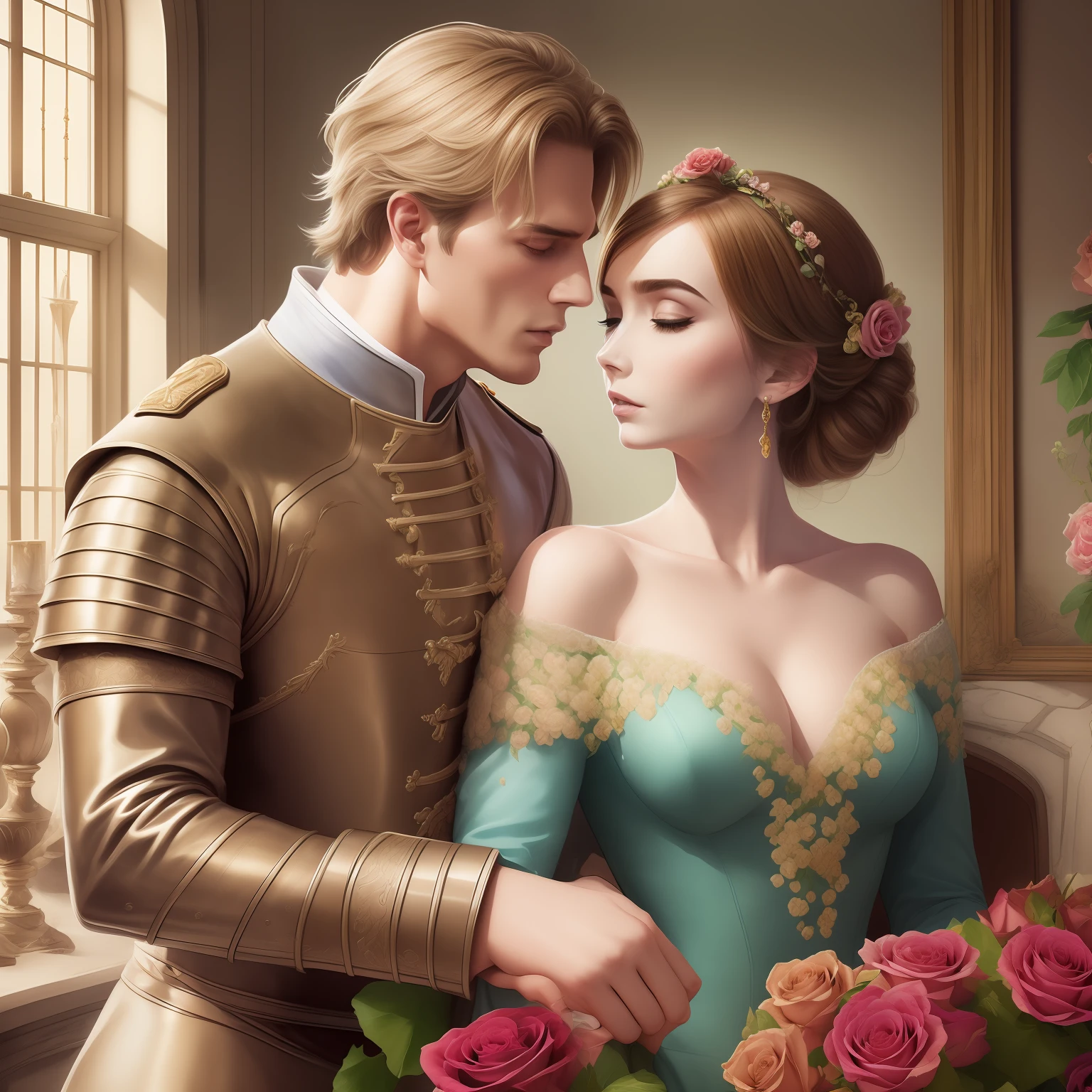 Couple kisses a house and a woman with much affection, the man Neels Visser is a prince who has golden blonde hair, wears a medieval military outfit and is in love with the commoner woman Lily Collins, who has dark curly black hair and wears a red dress, illustration of a romance book cover with a detail,  smooth, bright background full of flowers ivy toppings and red roses, castle, ornate dress standing on a bed of roses, edge light, lighting lighting, ethereal lighting, ultra detail, concept art, elegant, surreal, art by Lisa Aisato, Greg Hildebrandt, Citemer Liu, Stjepan Sejic, Samyang, Aykut Aydogdu, Justin Gerard, Alphonse Mucha, Artgerm, WLOP and Greg Rutkowski