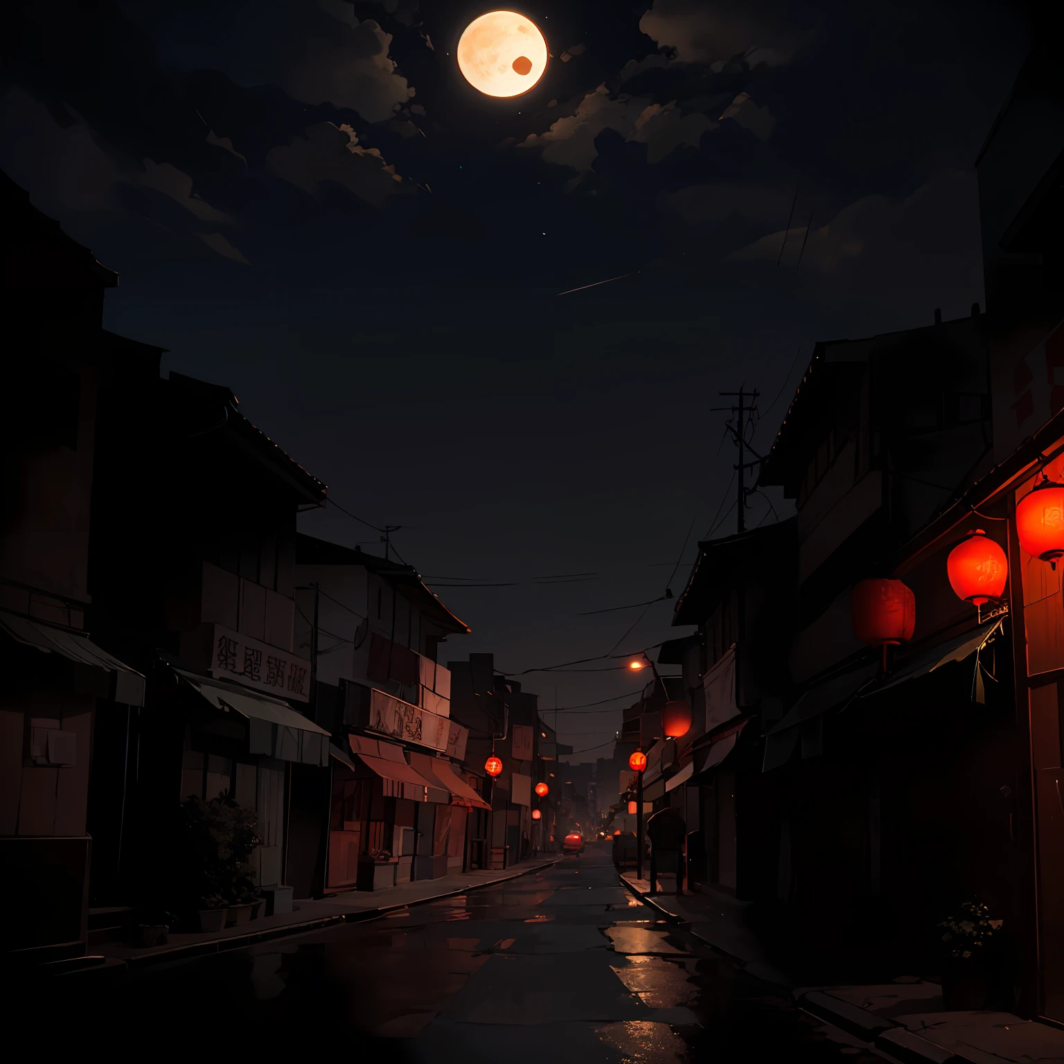 At nightfall, the sky above Nanfeng City is filled with thick darkness, and the moon hangs alone in the sky, like an open blood-red eye, looking down on the entire city through the faint light. Presented in the style of Makoto Shinkai. --auto