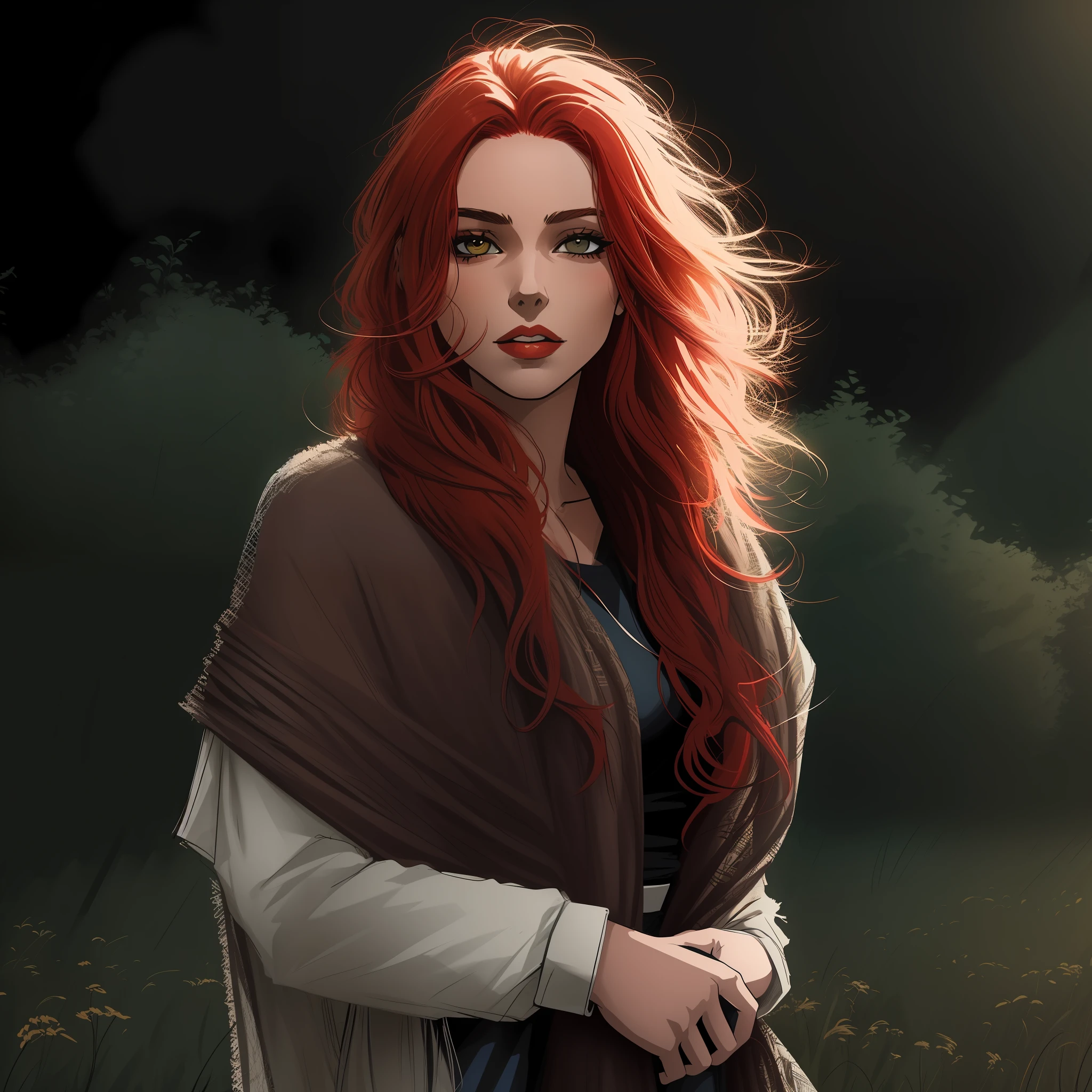 Comic style, inked, lineart style, woman with red hair and a shawl standing in a field, red-haired woman, influencia de DeviantArt, dynamic lighting, cinematic shadows, flat art, uhd