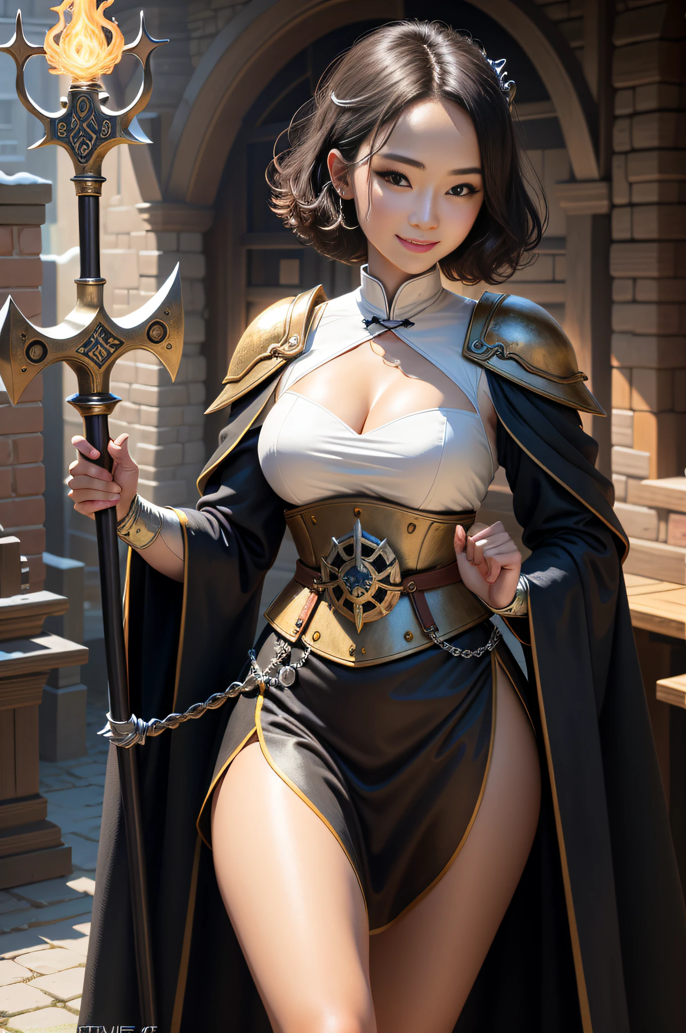 4k, realistic, very detail, mature 30-year-old Chinese girl, full body, fitbody, detailed short hair (4k light), perfect black eyes, mischievous smile, medieval priest robes on a paladin-shaped medieval steel armor, 40k warhammer steel mace in the right hand (glowing mace with electric charges at the tip), indicated finger of the left hand pointing at the camera, scenery of medieval tavern Europe.