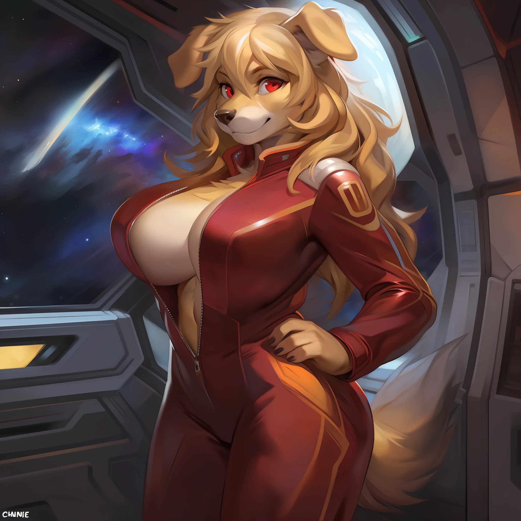 By chunie, by darkgem, by glitter trap boy, solo, female, big breasts, canine, yellow fur, yellow body, floppy ears, flopped ears, blonde hair, medium hair, messy hair, wavy hair, red eyes, detailed eyes, red spacesuit, space, spaceship, standing, window