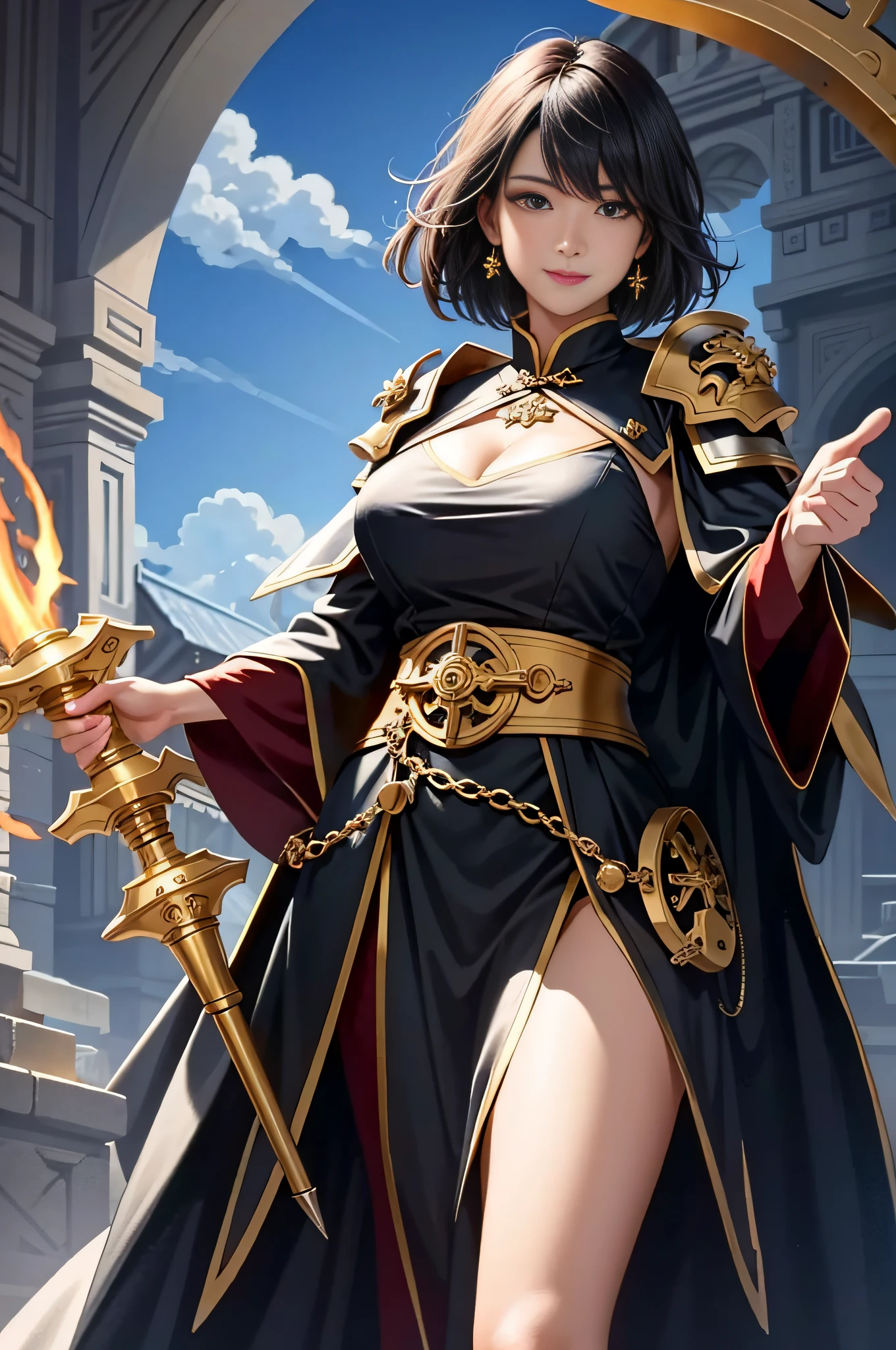4k, realistic, very detail, mature 30-year-old Chinese girl, full body, fitbody, detailed short hair (4k light), perfect black eyes, mischievous smile, medieval priest robes on a paladin-shaped medieval steel armor, 40k warhammer steel mace in the right hand (glowing mace with electric charges at the tip), indicated finger of the left hand pointing at the camera, scenery of medieval tavern Europe.