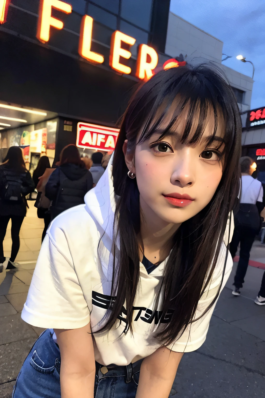 (8k, RAW photo, best quality, masterpiece:1.2), ultra detailed, ultra high res,
(realistic, photo realistic:1.37), high detail RAW color photo, professional photograph,
an extremely delicate and beautiful, extremely detailed, 8k wallpaper, Amazing, finely detail, huge file size, official art, extremely detailed CG unity 8k wallpaper,
extremely detailed beautiful girl, extremely detailed face, extremely detailed eyes, extremely detailed skin, extremely detailed fingers, extremely detailed nose, extremely detailed mouth,  perfect anatomy, highly detailed background, extremely detailed clothing,
1girl, (18 years old:1.2), teenage, cute girl, famous japanese idol, kawaii,
(small breasts:1.2), realistic body, petite,
fair skin, shiny skin, slender body, good figure,
black hair, long straight hair, (blunt bangs:1.2),
smile, cute, young, cute face, baby face, realistic face,
beautifully detailed eyes, drooping eyes, beautiful big eyes, large dark eyes, beautiful and clear eyes,
(hoodie:1.2), short sleeve, short pants, thigh, necklace, earrings,
looking at viewer, cowboy shot, front view, standing posture, contrapposto,
outdoors, (night:1.2), neon city, neon light, neon sign, public, crowd,
dynamic lighting,