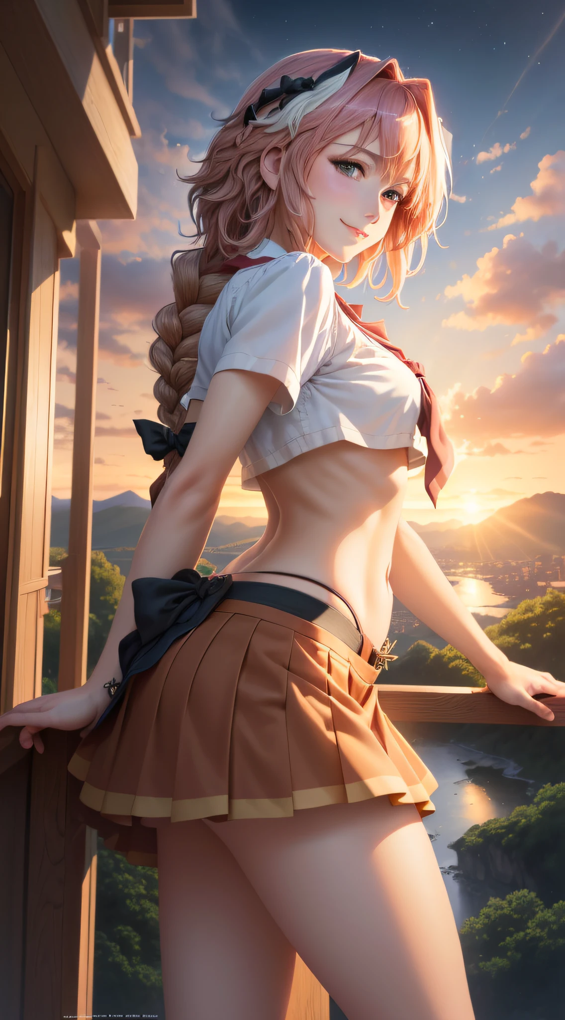 ((best quality)), ((masterpiece)), (detailed),masterpiece, best quality, 1boy, close-up, portrait, dk_astolfo, smirk, looking at viewer, from side, from above, navel, school uniform, skirt, single braid,, supernatural charm, mystical sky, (Luis Royo:1.2), (Yoshitaka Amano:1.1), moonlit night, soft colors, (detailed cloud landscape:1.3), (high resolution:1.2)