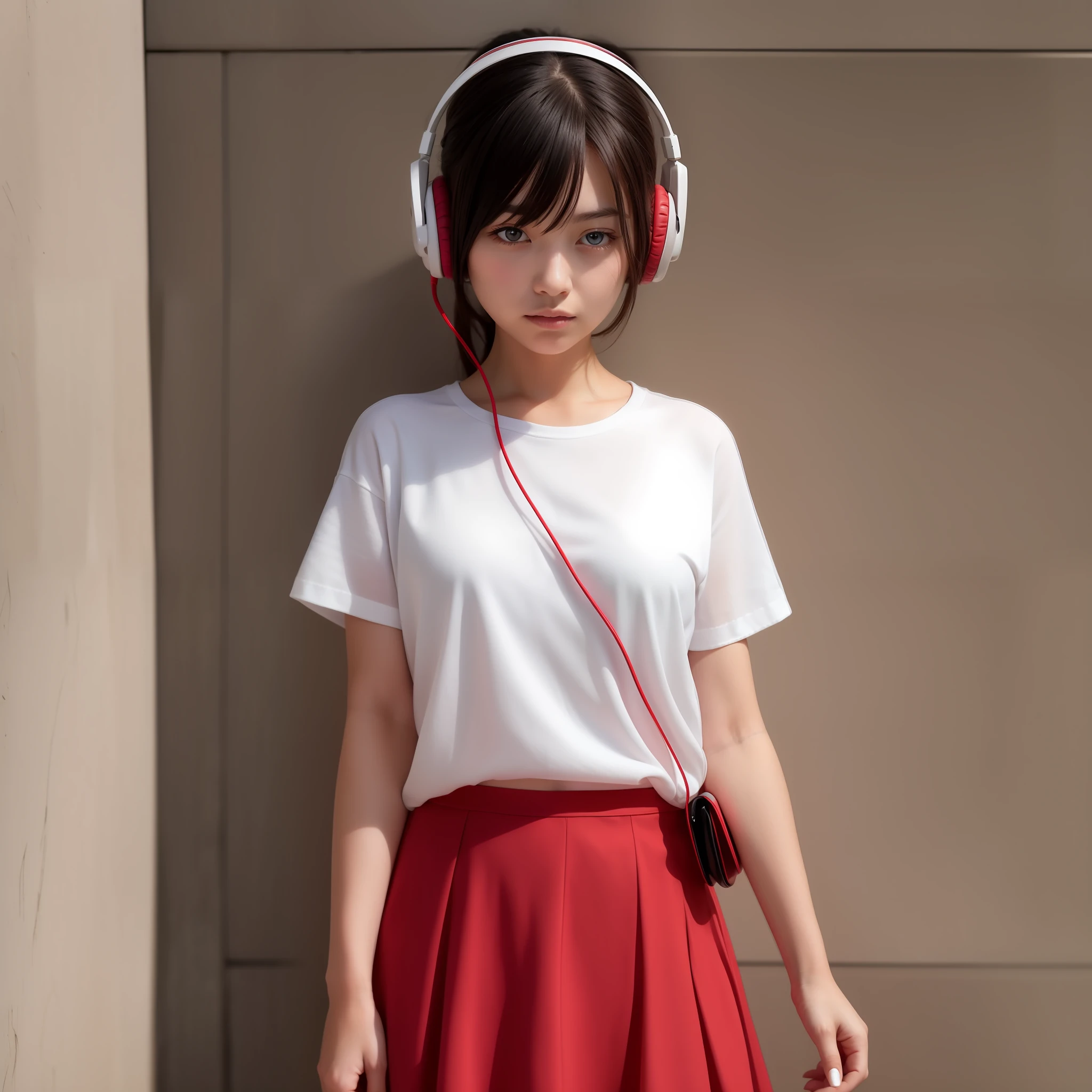 A girl in a white shirt and red skirt wearing headphones