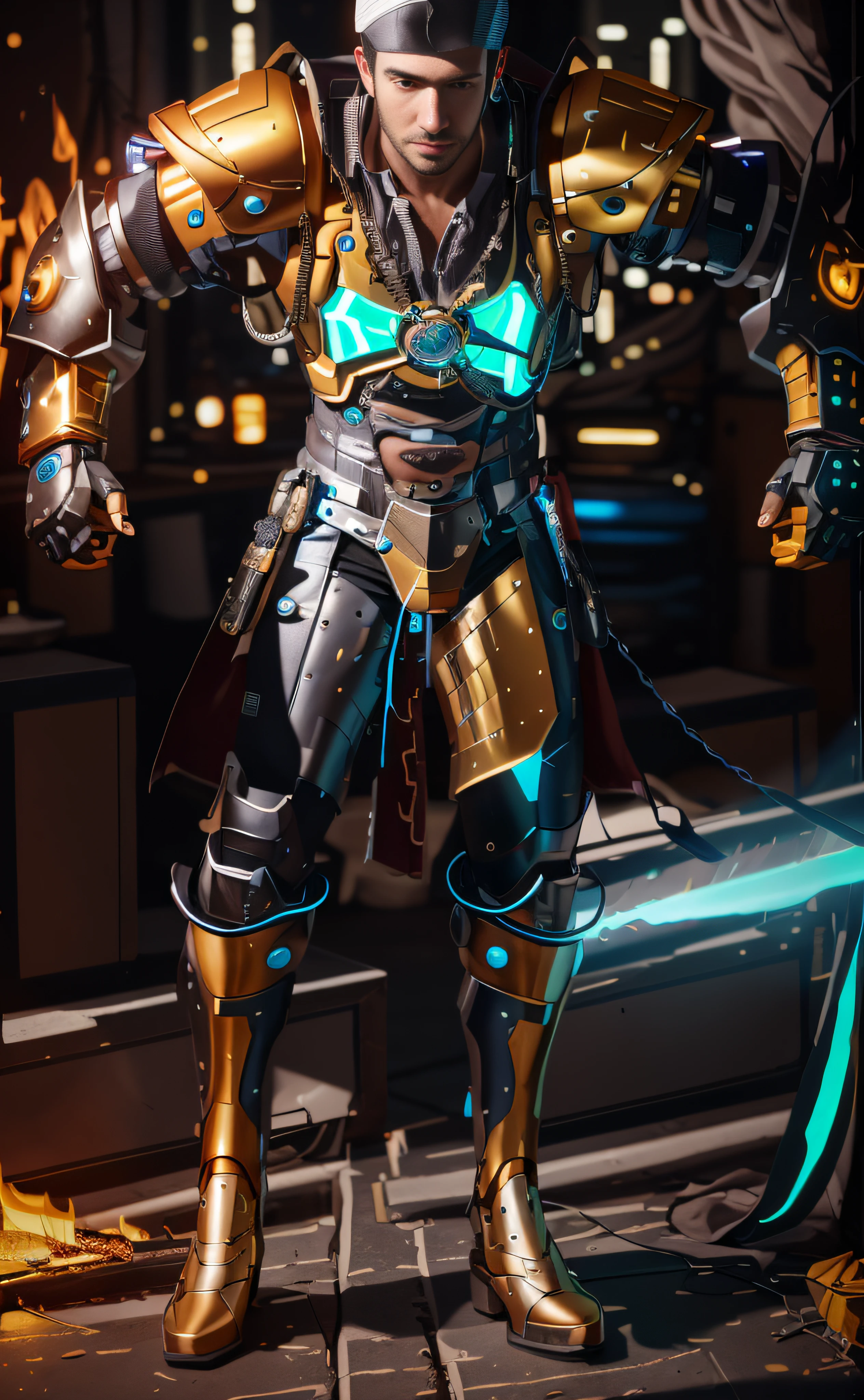 A closeup of a male pirate in armor with a sword, bright lights in armor, cyberpunk flame suit, cyberpunk costume, shiny cyberpunk glow, cybercyber flame armor, cyberpunk armor, cyberpunk fire armor, cyberpunk pearl armor, dressed in cyber armor, cyberpunk knight, neon armor, neon scales and cyborg technology, intricate shiny mecha armor