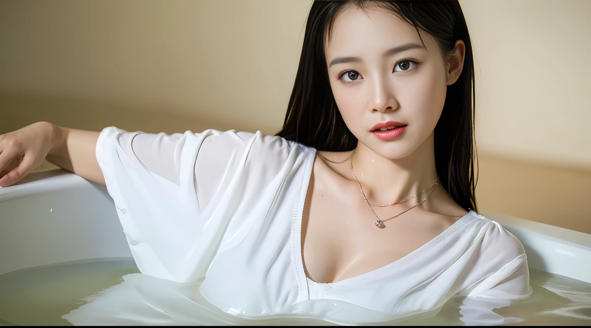 ((Best quality, 8k, Masterpiece :1.3)), 1girl, beautiful woman: 1.3, huge breasts: 1.5, (bathtub, wet clothes: 1.1), super delicate face, light white clothes, delicate long hair, wearing necklace.