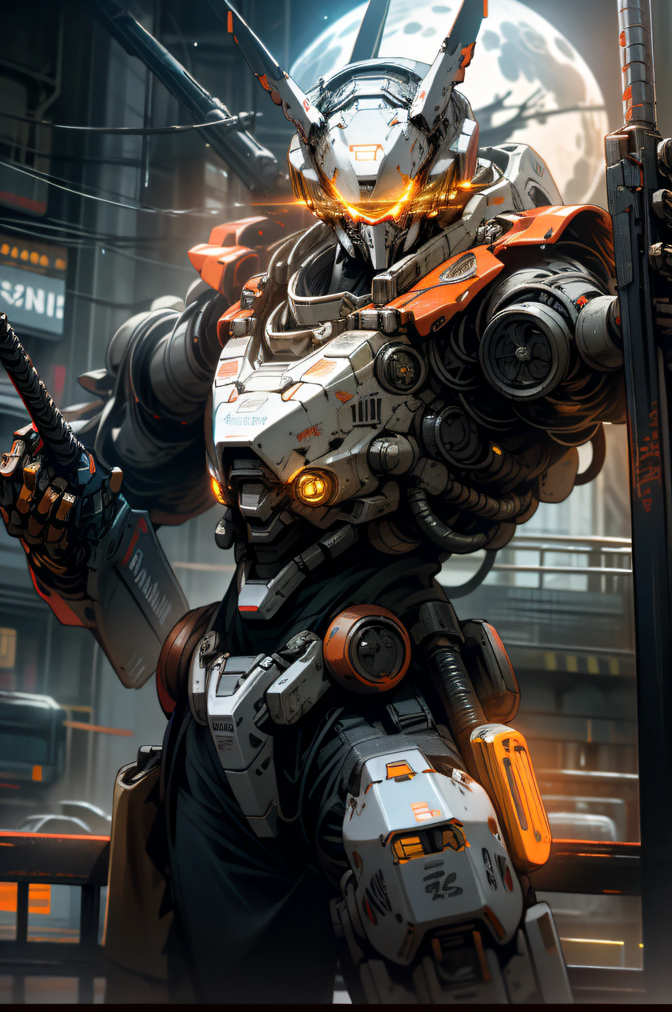 On the moon, barren planets, ruins, holding_weapon, no_humans, bright, robot, construction, glowing_eyes, orange mecha, fighting godizil, science fiction, city, realistic, mecha, Milky Way background, neon, cyberpunk,
