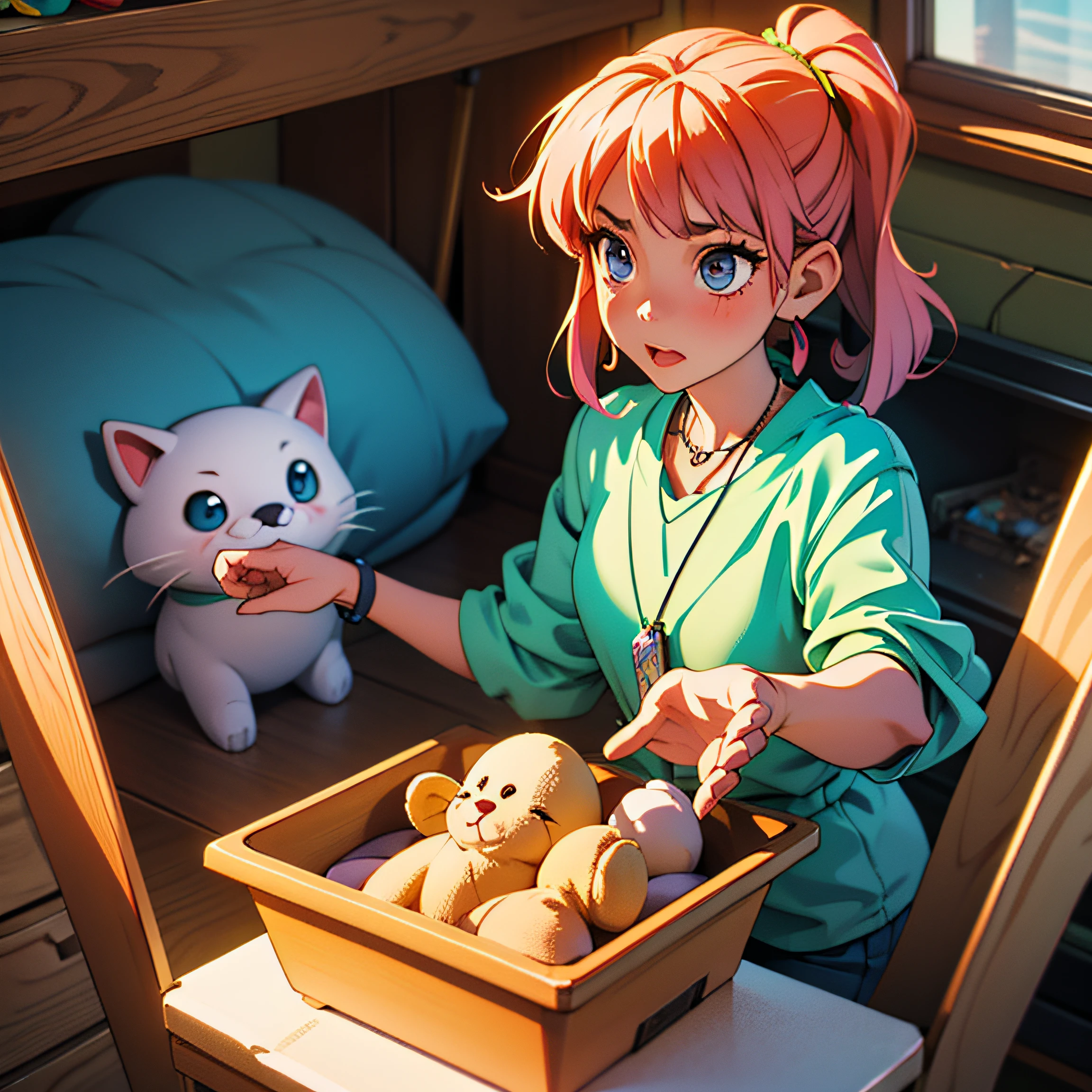 Imagine a curious 10-year-old girl found a magical necklace in the attic of her home. in anime with the shiny necklace --auto