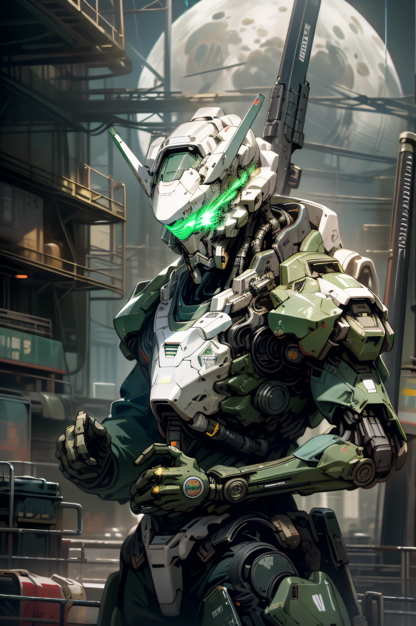 ((best quality)), ((masterpiece)), (detailed),masterpiece, On the moon, barren planets, ruins, holding_weapon, no_humans, bright, robot, construction, glowing_eyes, green mecha, science fiction, city, realistic, mecha, background of the Milky Way, neon, cyberpunk,