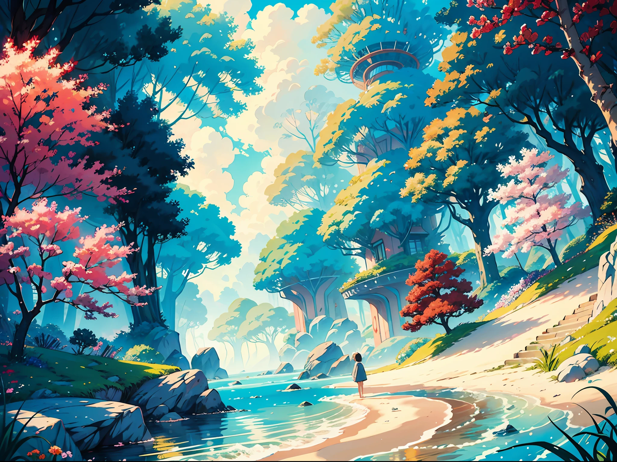 Create a fantastic, imaginative scene in the style of hayao miyazaki. Use a colorful and vibrant palette with a focus on natural elements such as beaches to create a magical and enchanting scene. Pay attention to the long, long details and design of the elements to create a sense of wonder and awe. Use a soft, dreamlike color palette with a focus on pastel tones. Add weight to certain elements to create a balance between the different elements in the artwork.