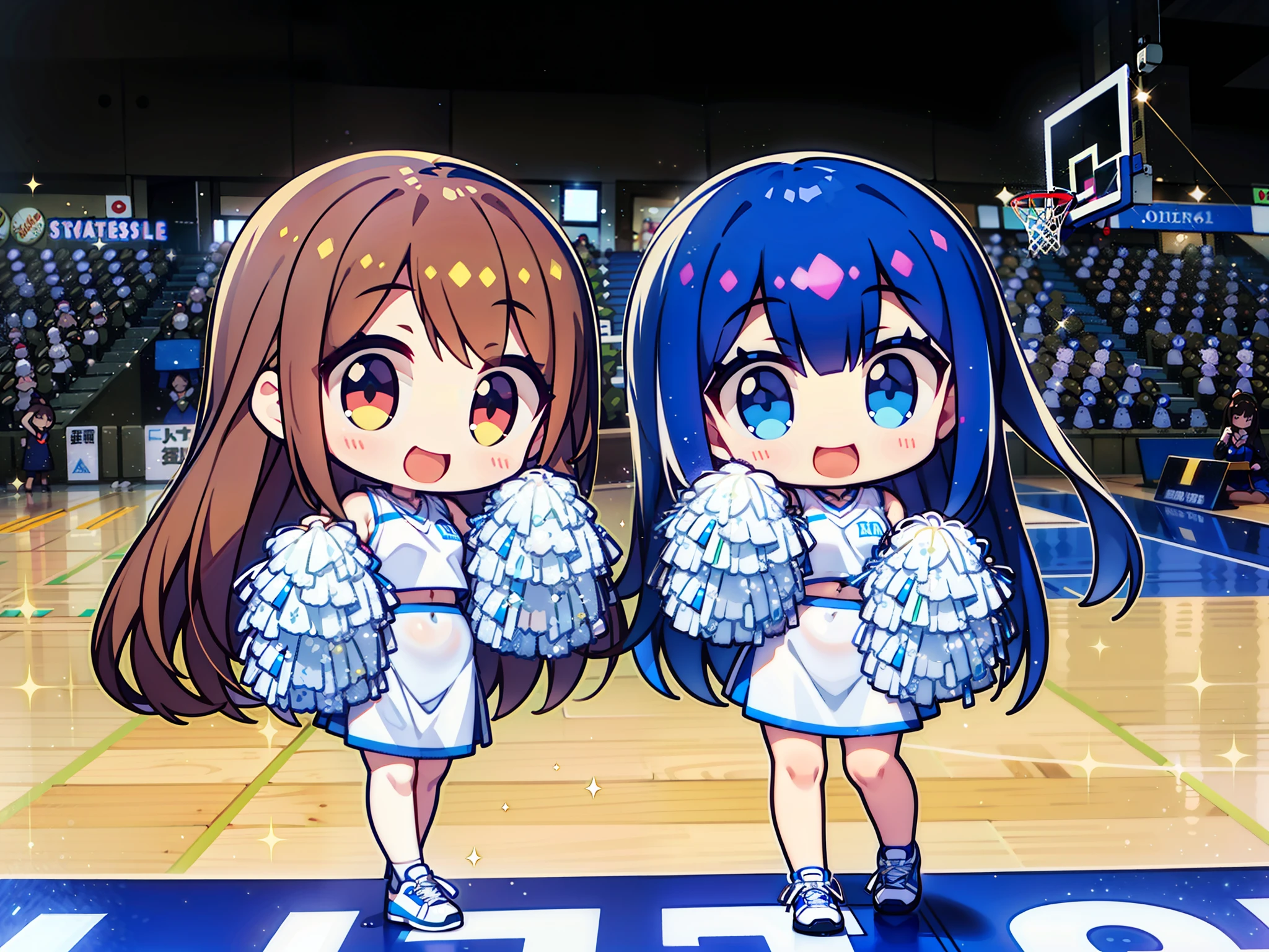 Two Asian women of cheergirl, wearing a cheergirl uniform, clothes are sleeveless clothes, Yui has beautiful brown hair and long hair., beautiful five-fingered hands, Aya has beautiful dark blue hair and long hair., eye color is the same as hair color, wearing the same clothes, good friends, both smiling, holding bonbons in both hands, costume is as shown in the photo, shiny silver, small, Shiny silver clothes, V-neck clothes, no logos and letters on clothes, clothes are glittery silver uniforms, clothes are non-see-through fabric 🚿🗝📝 🔞🤡 2263539546], 8 km race)), anim、、、、、、、、、、、e-style mascot type, background is solid blue., clothes have no ribbons, only blue lines, belly button style, white clothes, ❤🔥🍄🌪 Basketball gymnasium in the background, shiny floor