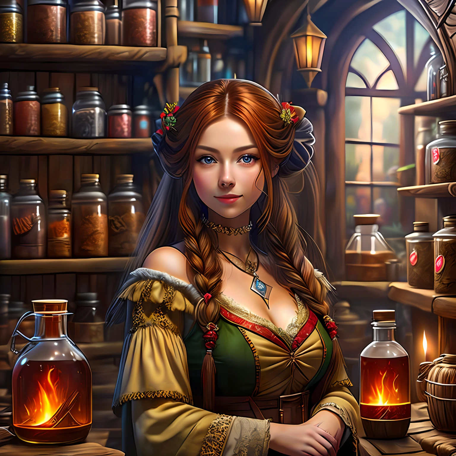 beautiful ginger women in detailed dress at cozy detailed potions shop, air above hair, IPA award wining, masterpiece