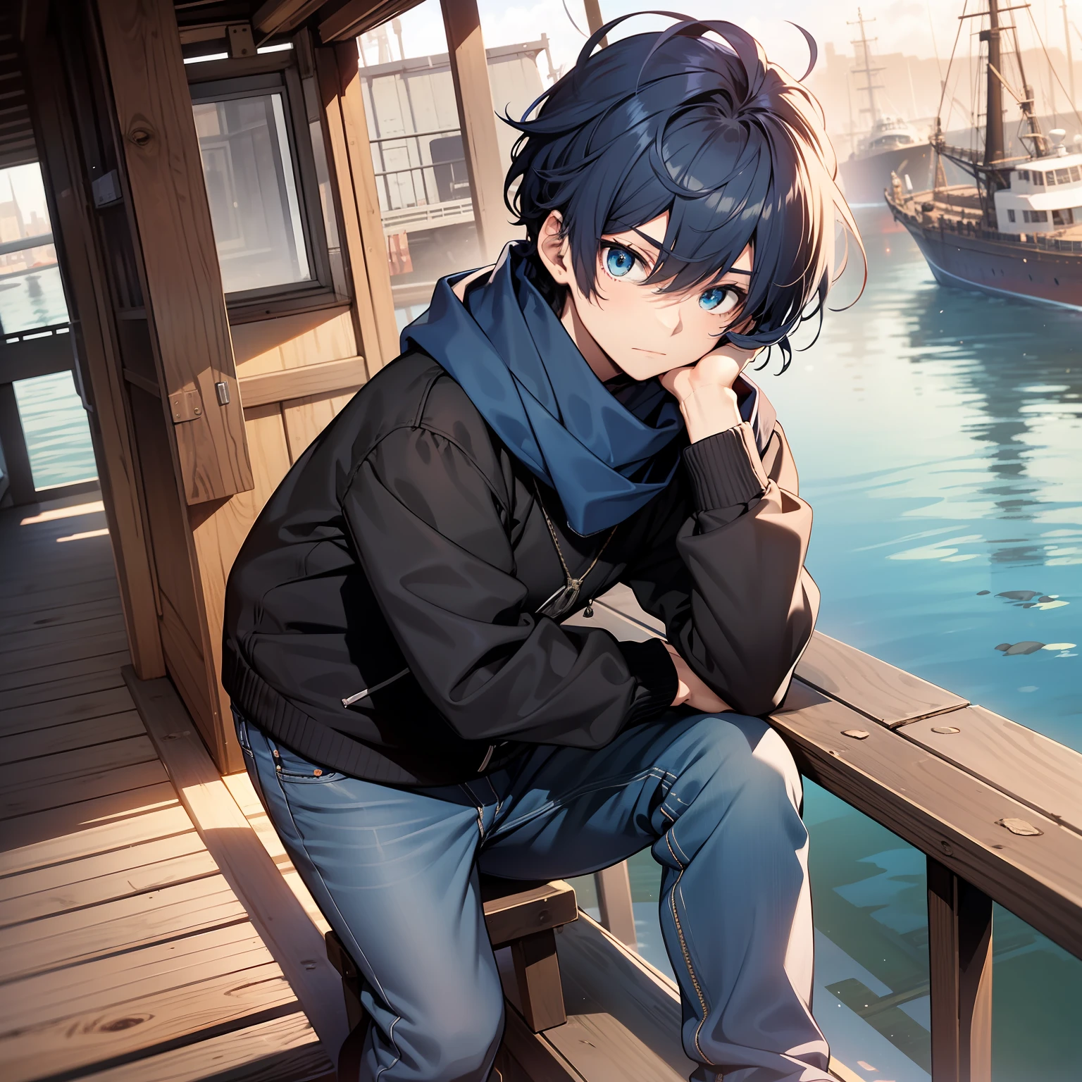 Young boy, 17 years old, dark blue hair, Kirito hair, dark blue scarf, shy posture, wearing a black sweater, jeans, blue eyes, on the deck of a ship, looking at the viewer, 4K, Masterpiece, Good Anathomy