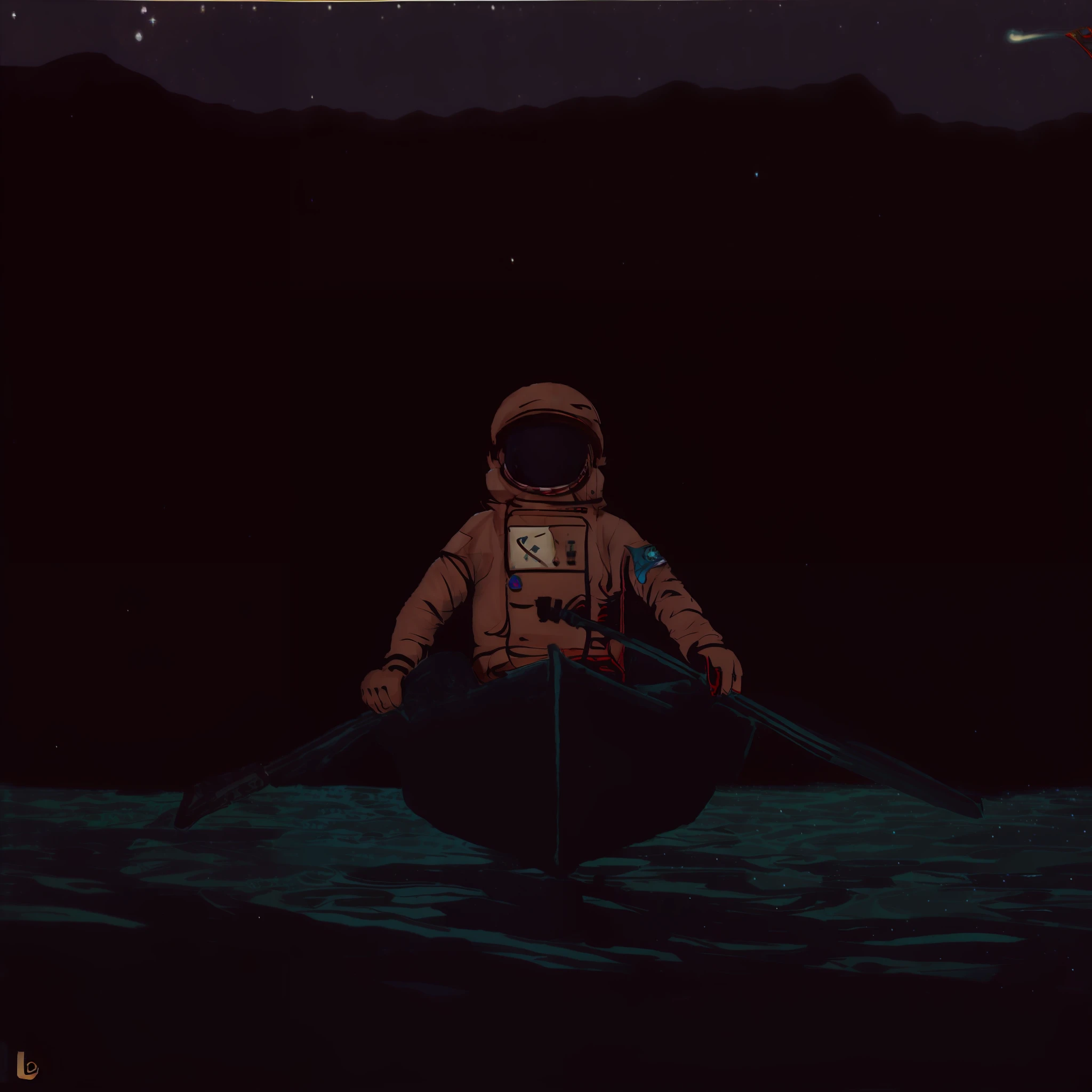 Astronaut inside a canoe in a dark sea at night. Astronaut in a dark environment. Astronaut paddling in the dark sea.