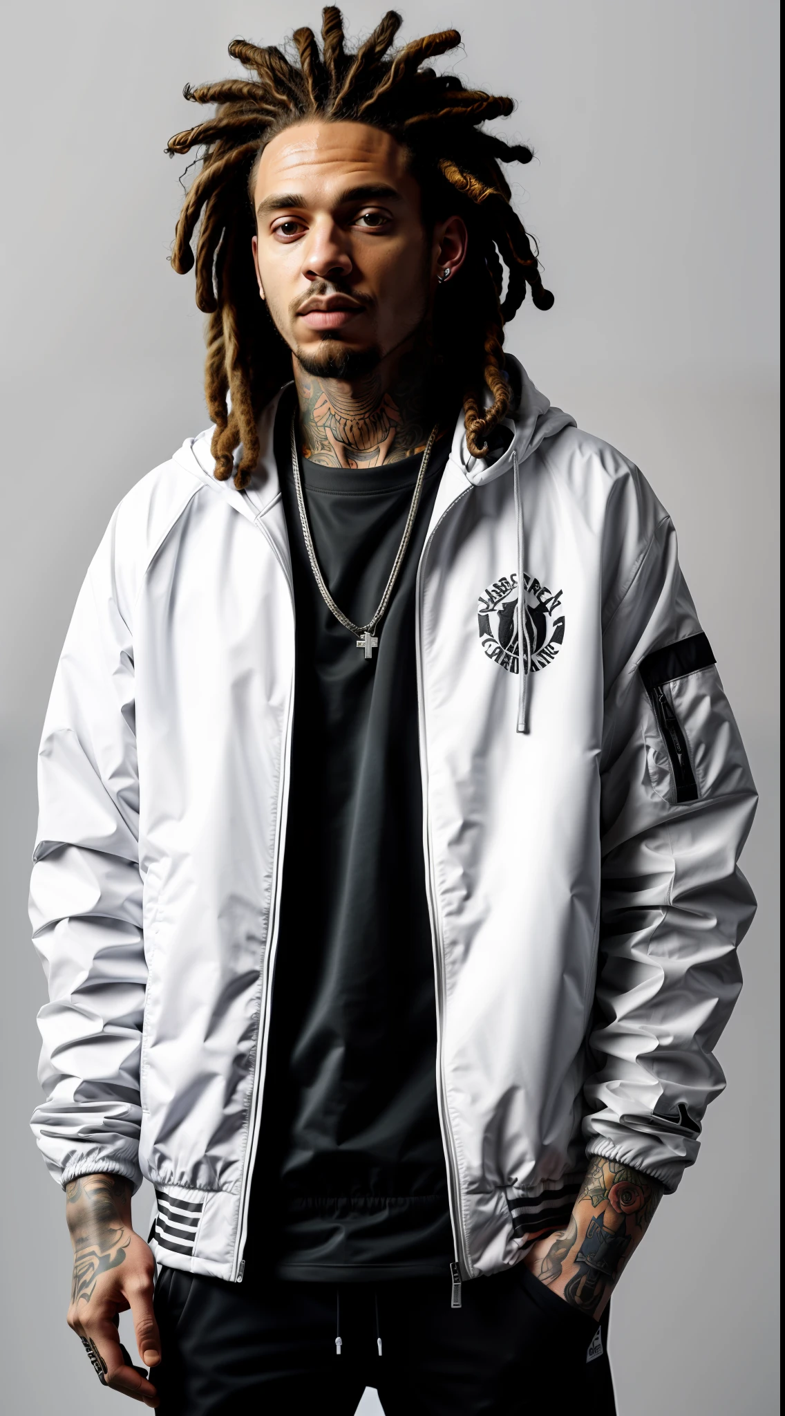 1rapper with tattoos, white techwear jacket, dreads hair, abstract forms on background