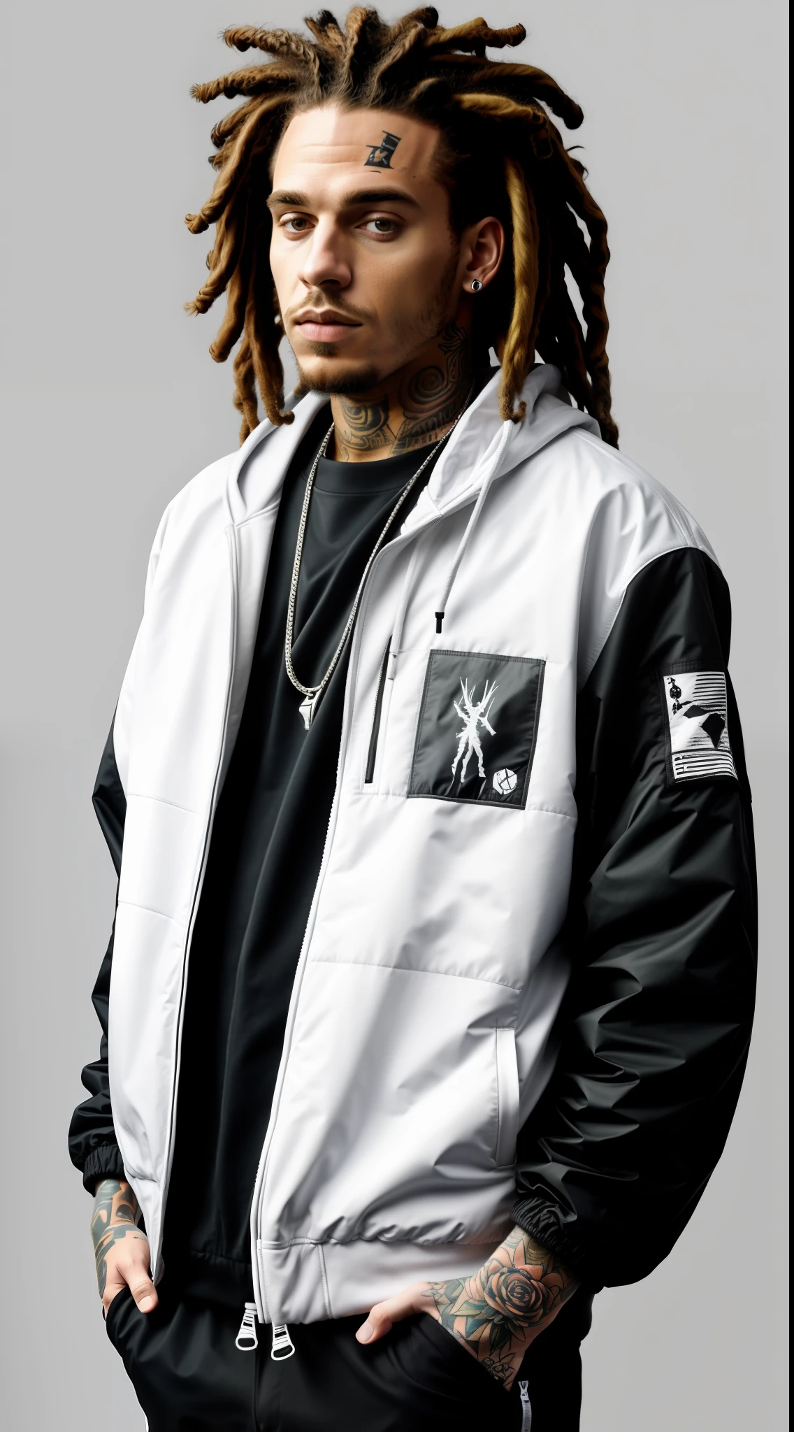 1rapper with tattoos, white techwear jacket, dreads hair, abstract forms on background