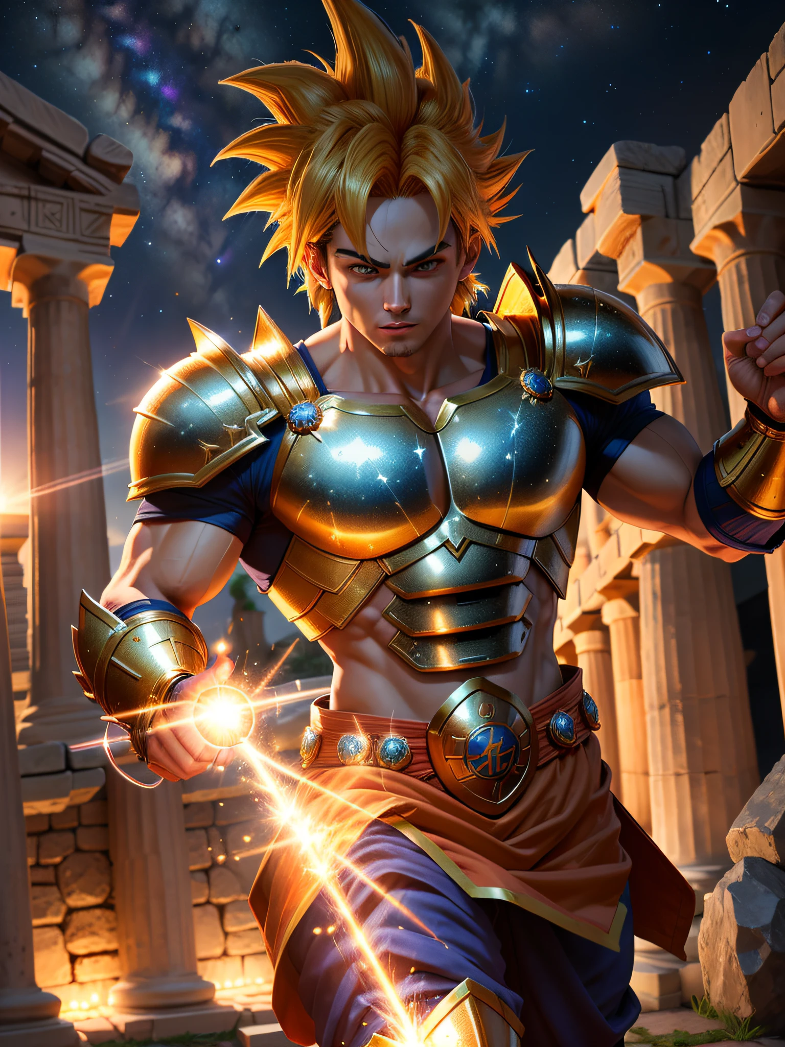 masterpiece, best quality, ultra high res, realistic skin texture, Goku wearing armor,(photorealistic: 1.4), high resolution, raw photo, dramatic lighting, dynamic pose, (Greek temple background: 1.2), (night sky: 1.1), cosmos, milky way, golden armor,Phoenix_Ikki