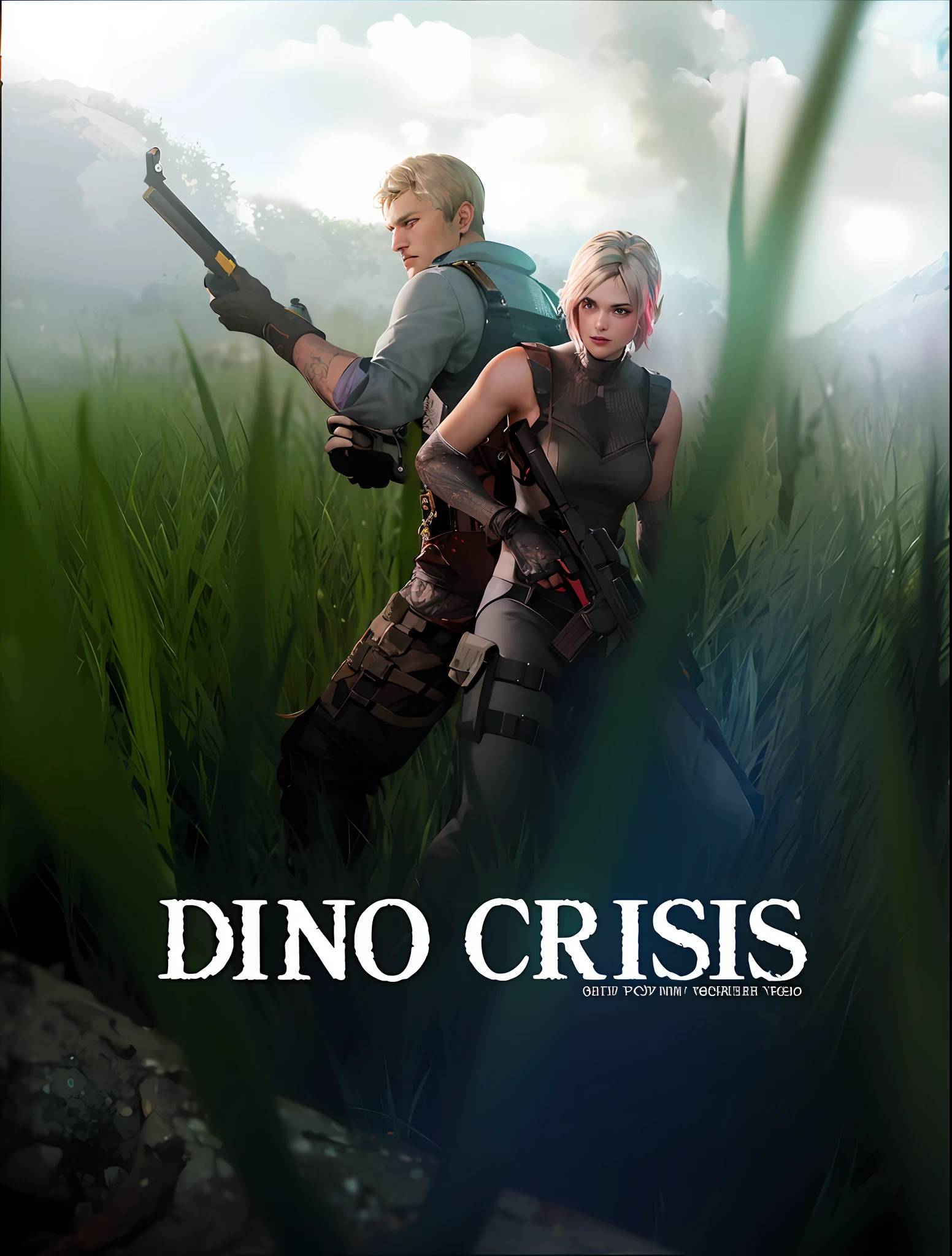 Arafed image of a couple of people with guns in a field, fan art, cg art, key art, official fanart, akihiko yoshida, "Dylan, Regina vs carnivorous dinosaur, tumblr, fanart",