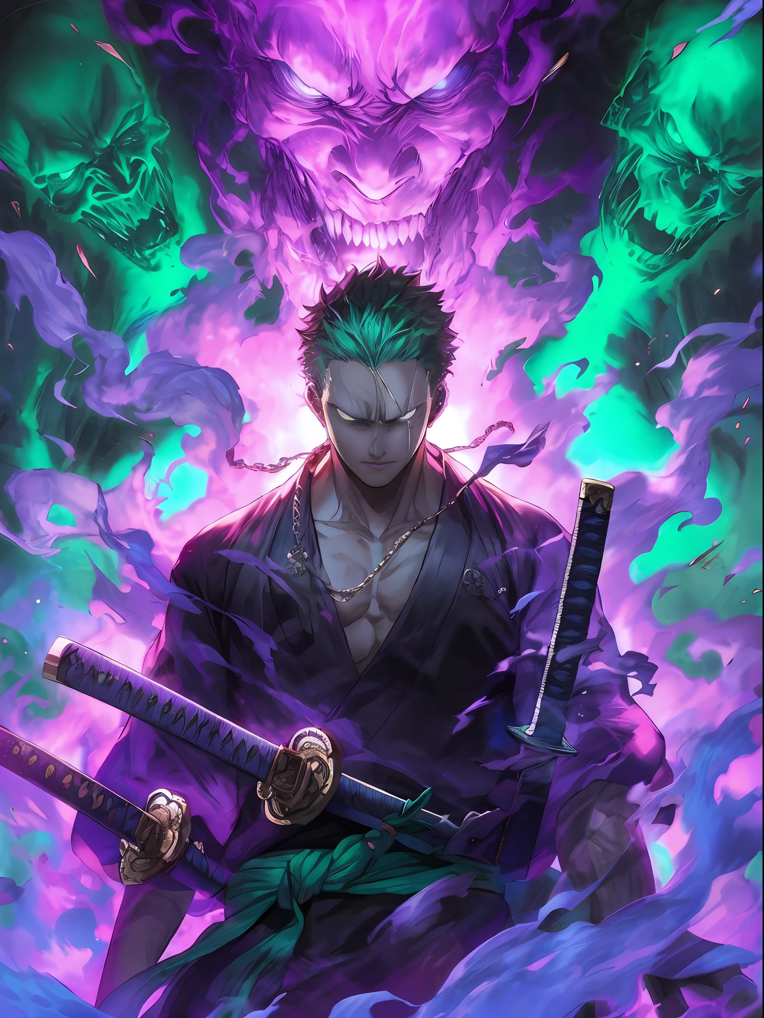 a closeup of a person holding two swords in front of a demon, badass anime 8 k, roronoa zoro, cute guy in demon slayer art, anime wallpaper 4k, anime wallpaper 4k, 4k manga wallpaper, anime art wallpaper 4k, anime art wallpaper 4k, anime wallpaper 4k anime artwork, anime style 4 k, all blue, holding two swords