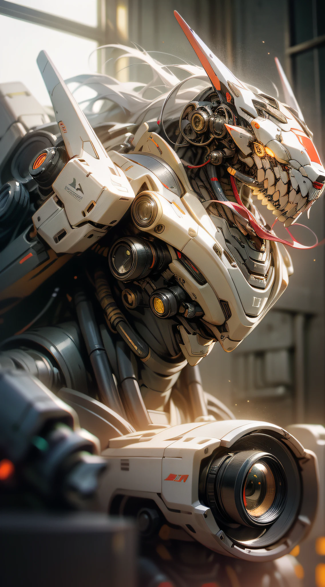 Portrait, Complex and intricate mecha robot with black ceramic and gold parts colors and materials, with many advanced engineering parts, extremely complex head with slit eyes and red power leds, sophisticated cover, sitting on high-tech chair like a god king, Ultra HD, super realistic, high definition, highly detailed, very high quality, photo full frontal taken with Sony a7R camera, DSLR lens, trending on artstation, mecha robot, redshift rendering, cinematic, elegant, hyperrealistic, octane rendering, unrealistic, Cinematography, Variety of textures in armour,((masterpiece, best quality)),illustration,ultra detailed 8k,photorealistic,sharp focus,highly detailed,professional lighting,colorful details,iridescent colors BREAK extreme long shot of a factory,large mechanical robot construction,microchip,computer,glowing,intricate details,shitu-mecha,Navel, Mechanical Ji, full dark room, no windows, indirect lights, depht-of-field, bokeh, (frontlighting:1.2), (backlighting:0.75), (fill light:0.9), bloom, chromatic aberration, (lens flare:1.2),