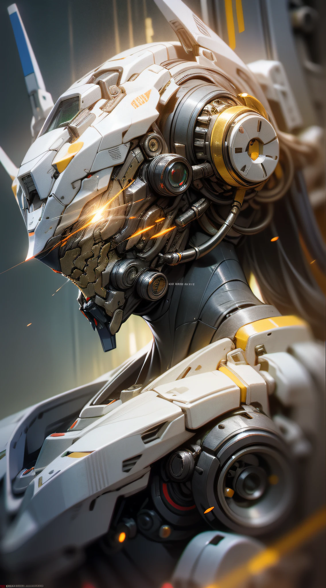 Portrait, Complex and intricate mecha robot with black ceramic and gold parts colors and materials, with many advanced engineering parts, extremely complex head with slit eyes and red power leds, sophisticated cover, sitting on high-tech chair like a god king, Ultra HD, super realistic, high definition, highly detailed, very high quality, photo full frontal taken with Sony a7R camera, DSLR lens, trending on artstation, mecha robot, redshift rendering, cinematic, elegant, hyperrealistic, octane rendering, unrealistic, Cinematography, Variety of textures in armour,((masterpiece, best quality)),illustration,ultra detailed 8k,photorealistic,sharp focus,highly detailed,professional lighting,colorful details,iridescent colors BREAK extreme long shot of a factory,large mechanical robot construction,microchip,computer,glowing,intricate details,shitu-mecha,Navel, Mechanical Ji, full dark room, no windows, indirect lights, depht-of-field, bokeh, (frontlighting:1.2), (backlighting:0.75), (fill light:0.9), bloom, chromatic aberration, (lens flare:1.2),