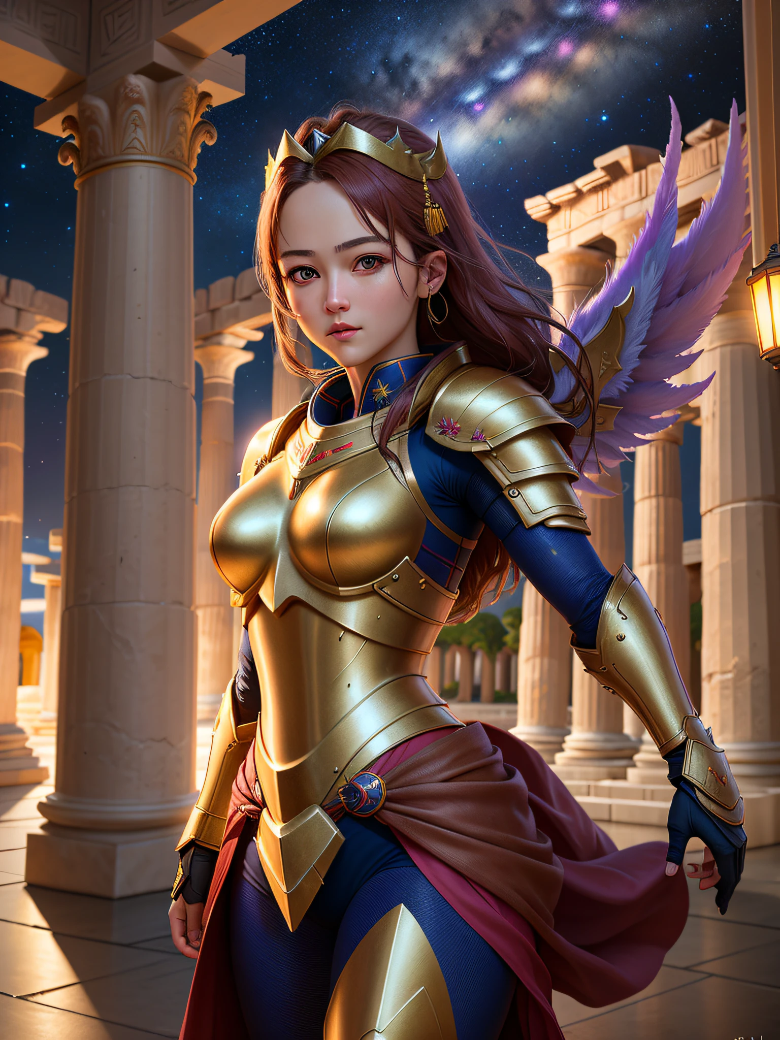 masterpiece, best quality, ultra high res, realistic skin texture, Sakura wearing armor,(photorealistic: 1.4), high resolution, raw photo, dramatic lighting, dynamic pose, (Greek temple background: 1.2), (night sky: 1.1), cosmos, milky way, armor Phoenix_Ikki