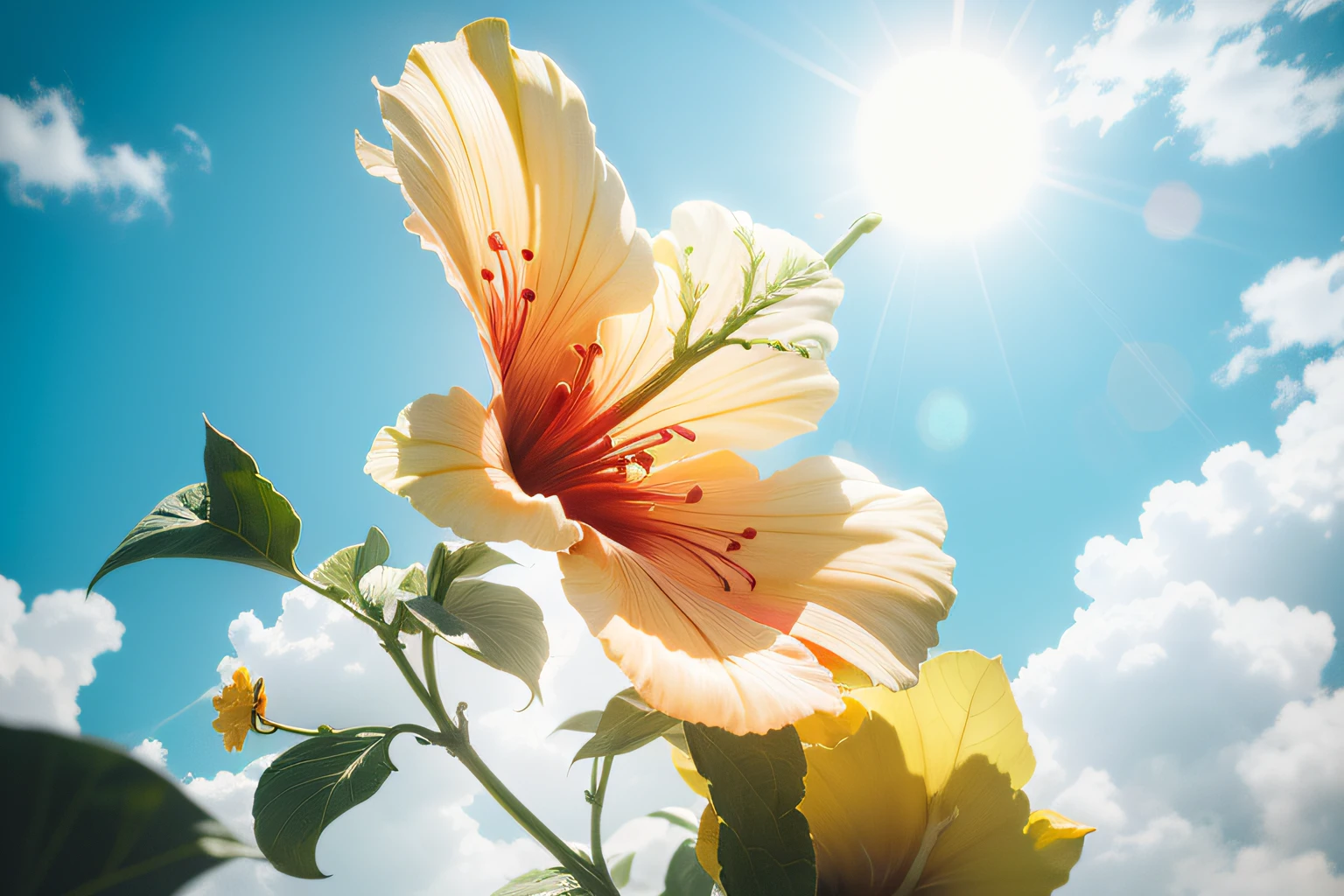 There is a hibiscus flower, in the middle of the plant, beautiful sunny day, on a sunny day, sunny, on a sunny day, blooming tropical flowers, in the sun, shining on it, bright sunny time, sunny daytime, afternoon sun, sunny, sunny afternoon, brilliant sun --auto