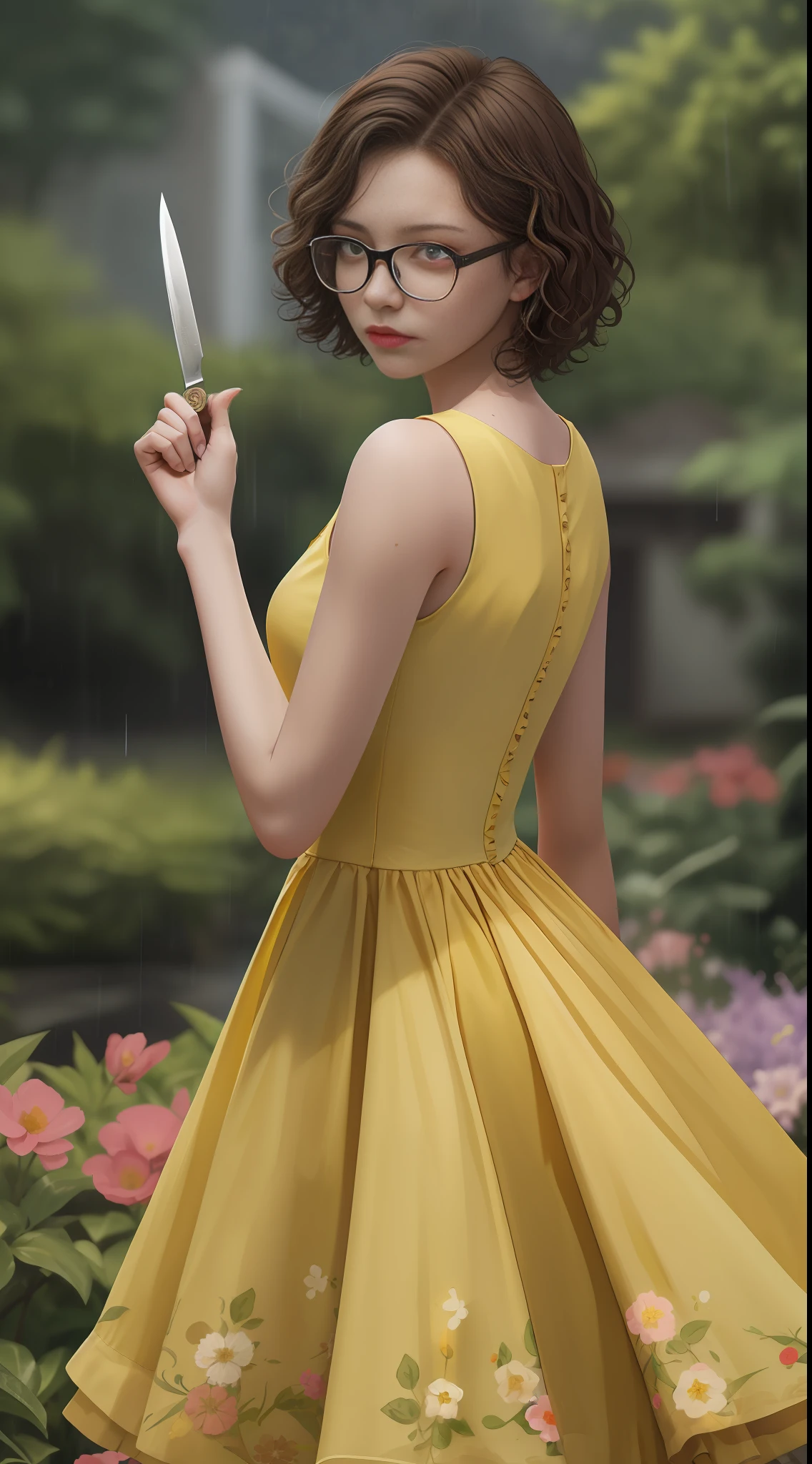 18 year old brunette girl short curly hair with glasses,evil expression, angle from bottom to top,long and torn yellow dress,holding knife with her hands,in a flowery garden like rainy weather,8k ultra realistic, dark style