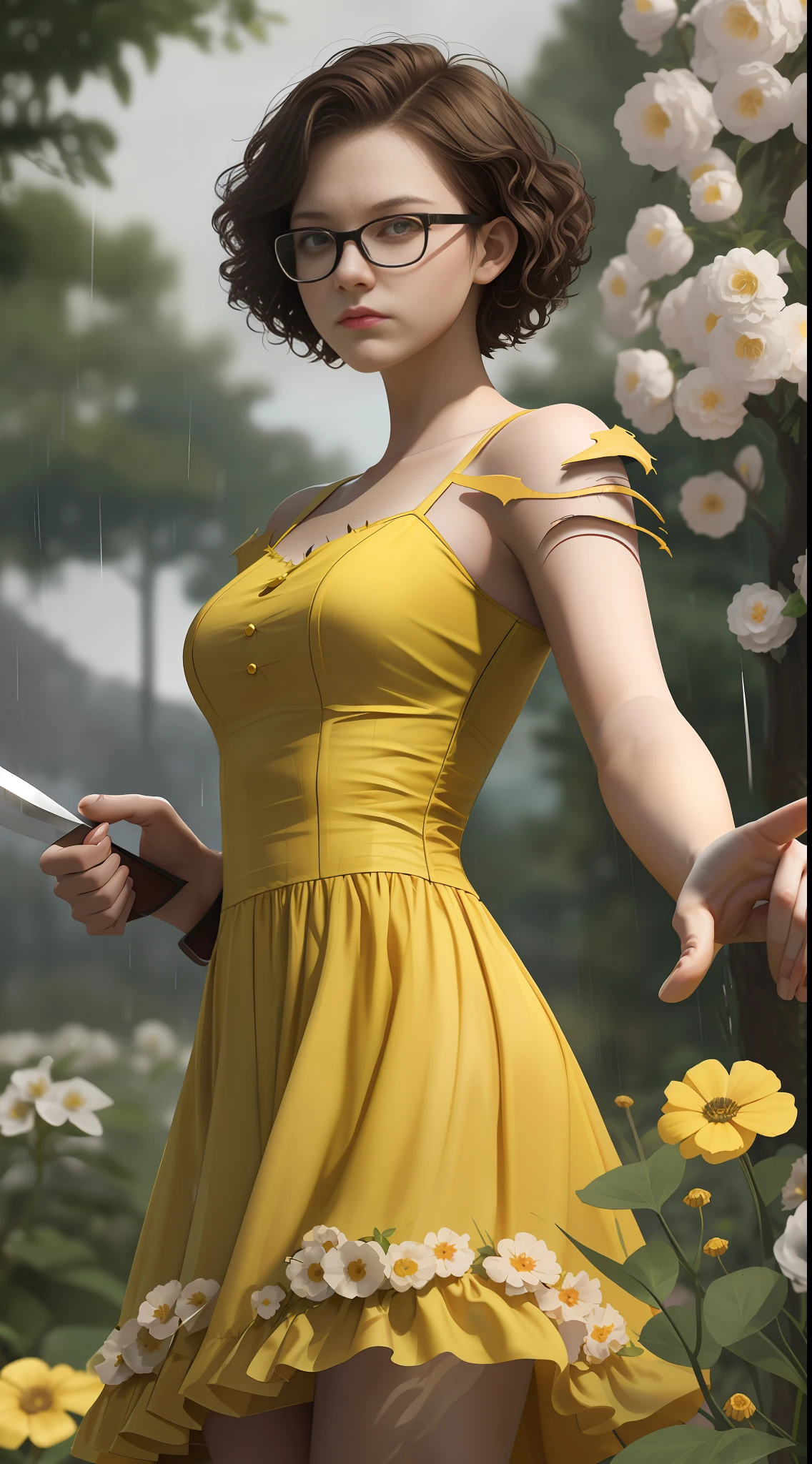18 year old brunette girl short curly hair with glasses,evil expression, angle from bottom to top,long and torn yellow dress,holding knife with her hands,in a flowery garden like rainy weather,8k ultra realistic, dark style