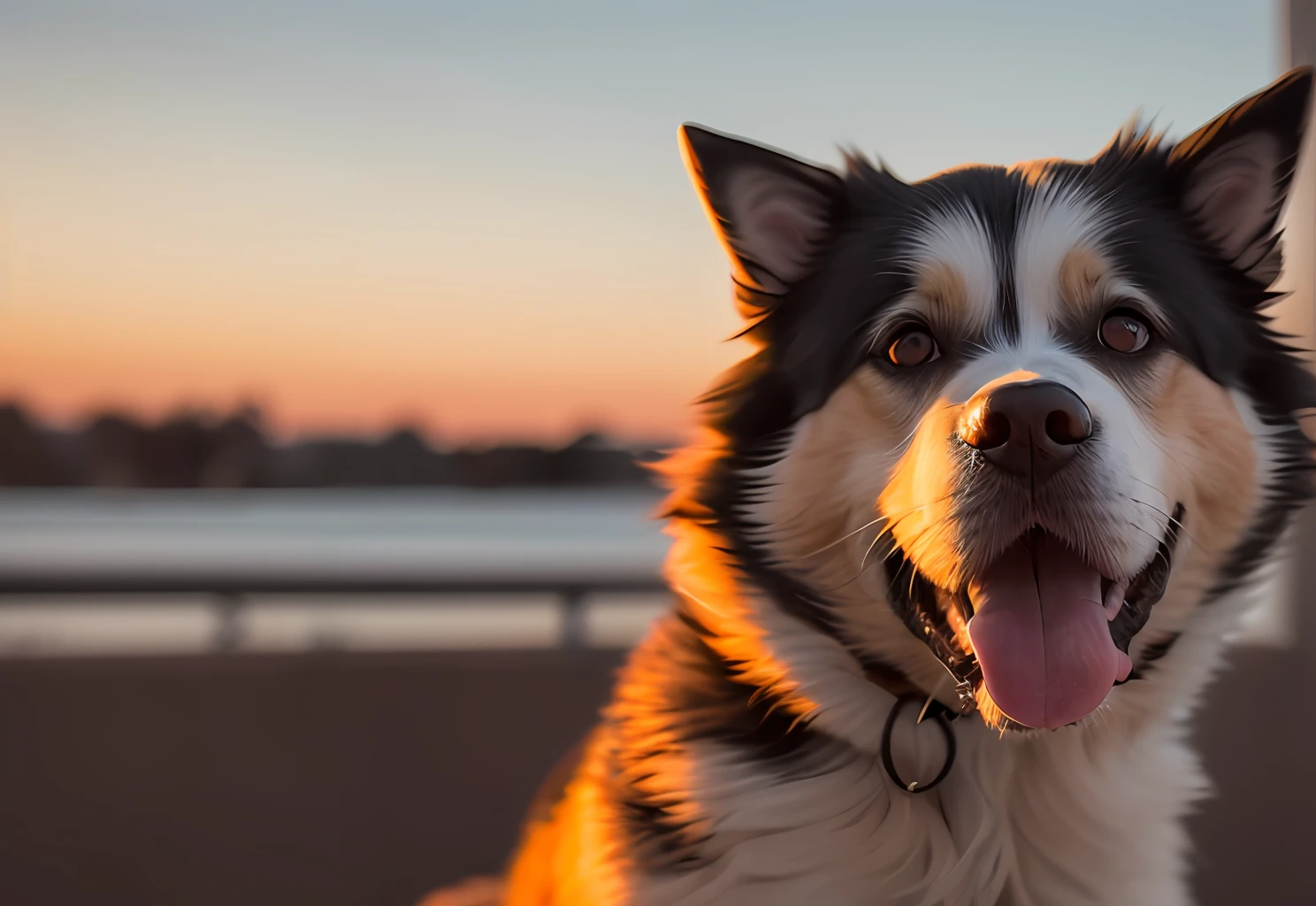 Close-up photo of a happy dog's face, sunset, 80mm, f/1.8, dof, bokeh, depth of field, subsurface scattering, stippling