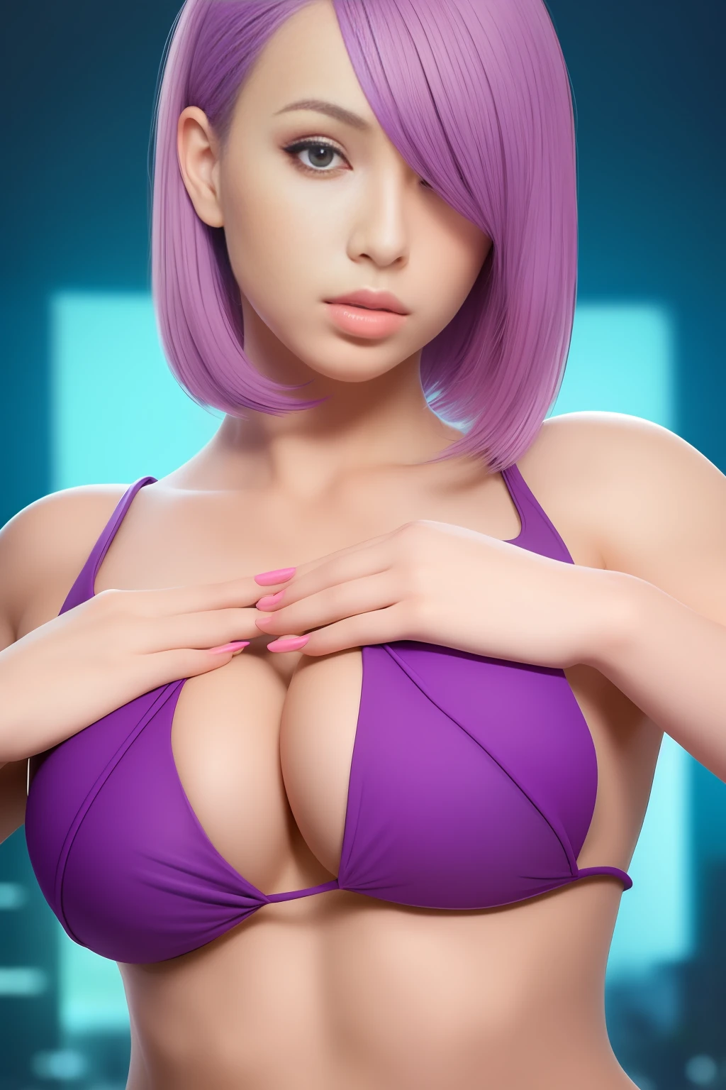hot pink top, purple highlight hair, big breasts, micro bikini, complete body, standing elegant pose,hazel eyes, see through top, tiny bikini top, perfect hands holding breasts, futuristic distopian city background