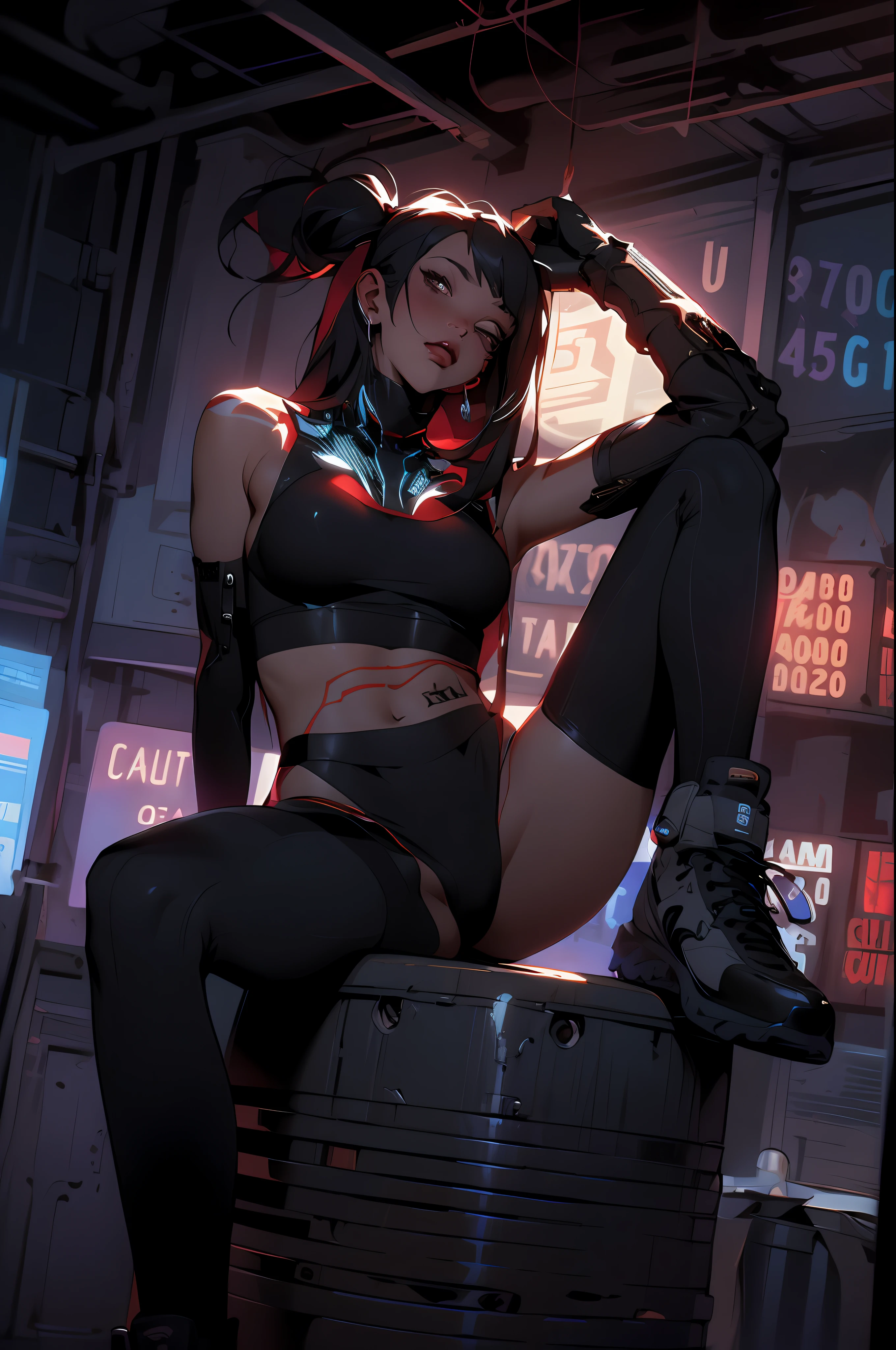 ((Best quality)), ((masterpiece)), (detailed: 1.4),Caucasian girl with 2-piece outfit, slim physique, collarbone and neck tattoo, full-length, beautiful figure, cyberpunk bikini, black clothing items with colorful graphics, red boots, 3/4 sock, cyberpunk style, super detailed, inside a container, Nji —V5, pastel, HDR (High Dynamic Range),Ray Tracing,NVIDIA RTX,Super-Resolution,Unreal 5, Subsurface Dispersion, PBR Texture, Post-processing, Anisotropic Filtering, Depth of Field, Maximum Clarity and Sharpness, Multilayer Textures, Albedo and Specular Maps, Surface Shading, Accurate Simulation of Light-Material Interaction, Perfect Proportions, Octane Render, Two-Tone Lighting, Wide Aperture, Low ISO, White Balance, Rule of Thirds, 8K RAW