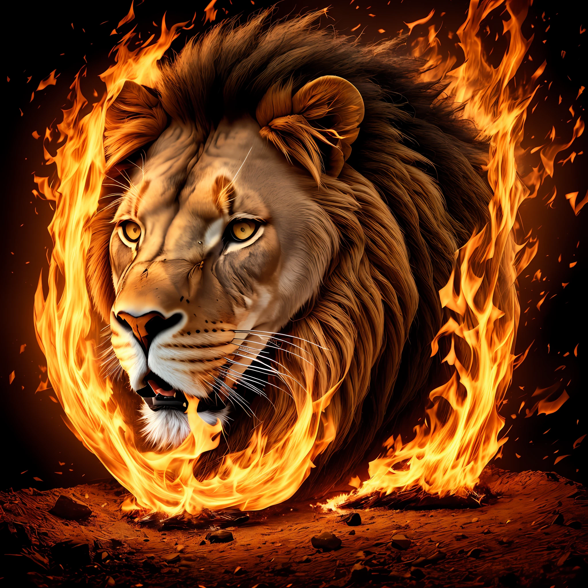 lion, fire, magical, cross, centered, looking forward, black background, soft light --auto