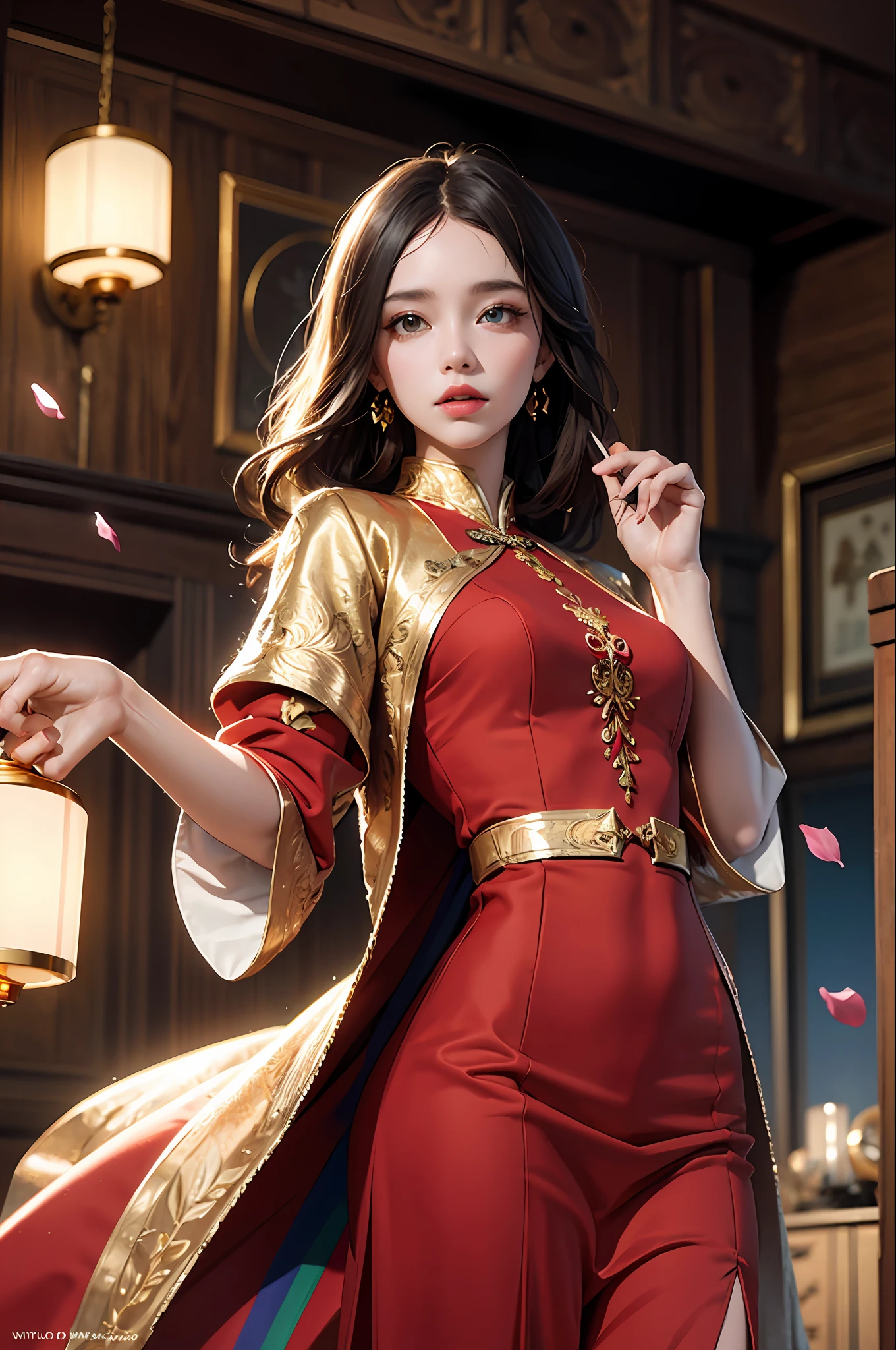 (8k, RAW photo, best quality, ultra detailed CG unity 8k wallpaper,masterpiece:1.2), a girl, 3d, ultra beautiful detailed eyes, Precise iris depiction,ultra-detailed face,
Top quality, masterpiece, high resolution, (exquisite body: 1.5), gorgeous face, (milky skin: 1.3), intricate details, high resolution, wallpaper,
1girl, solo, dress, hair ornament, ((((gold and red dress)))), flower, long hair, brown hair, closed mouth, jewelry, long sleeve, hands raised, wide sleeves, big eyes,floating hair, han clothing, han style, embroidery, long skirt, natural pose, falling petals, indoors,incitement, lanterns,
16K, HDR, Hi-Res, Depth Field, (Film Grain: 1.1), Boken, Golden Hour, (Lens Flare), Vignette, Rainbow, (Color Grading: 1.5),ultra-detailed beautiful background drawn by professional illustrator