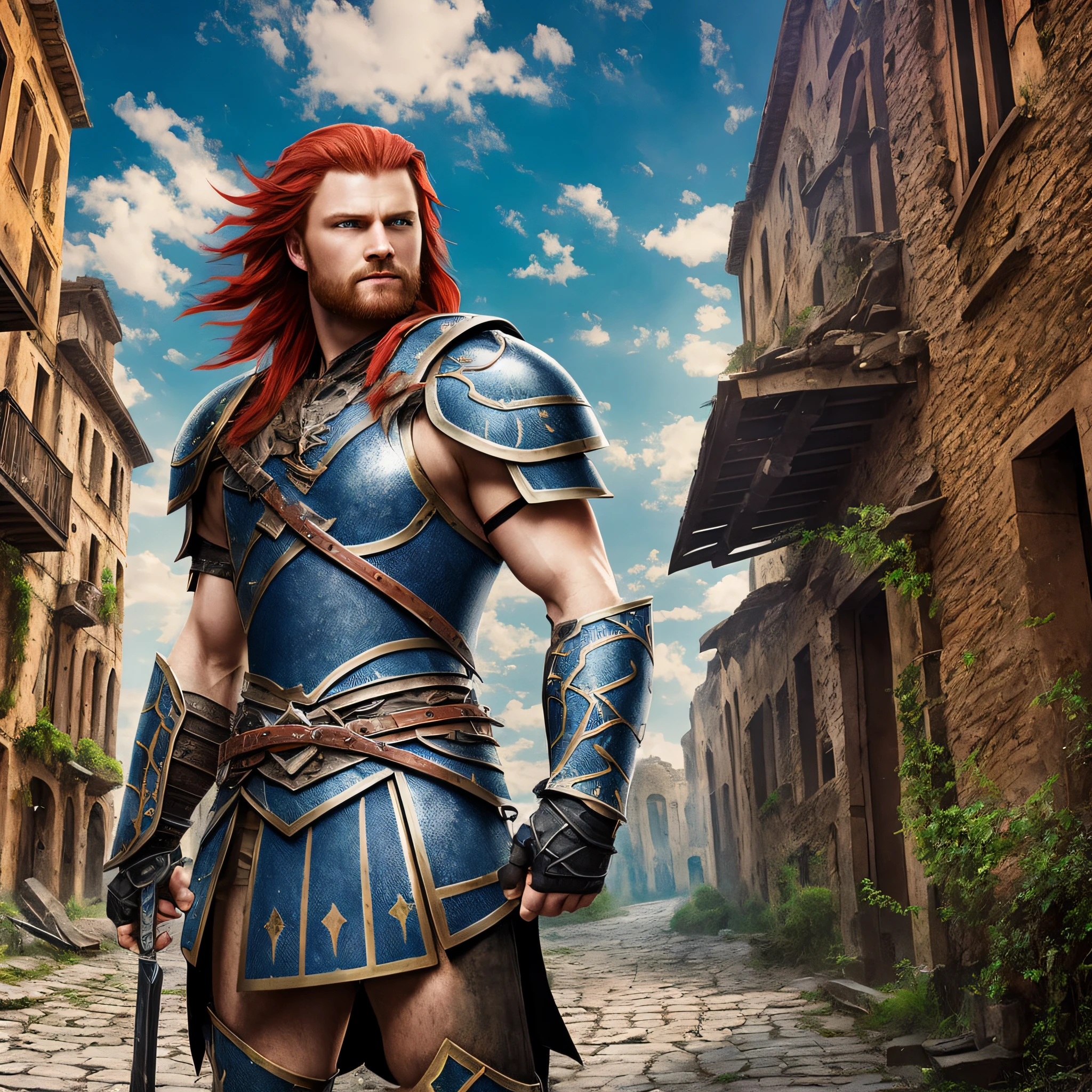a European warrior, with large chests, in black steel armor, red hair, blue eyes, in a ruined European city, --auto --s2