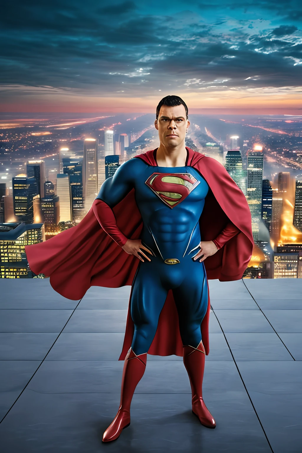 GuttonerdVision5, a 45-year-old man, wearing glasses, detailed skin, detailed face, pores, whole body in the scene, wearing Superman's uniform in the center of the image posing for the photographer. The outfit is detailed with its logo on its chest and red cape fluttering its back. The outfit is from the movie "Man of steel". The man is standing in mid-air with his cloak fluttering, having the city below him blurry. The lighting is cinematic, and the scene very detailed in UHD. Photorealism is the trend of this award-winning photography.