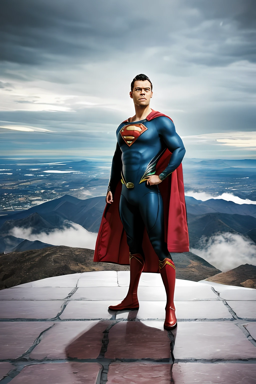 GuttonerdVision5, a 45-year-old man, wearing glasses, detailed skin, detailed face, pores, whole body in the scene, wearing Superman's uniform in the center of the image posing for the photographer. The outfit is detailed with its logo on its chest and red cape fluttering its back. The outfit is from the movie "Man of steel". The man is standing in mid-air with his cloak fluttering, having the city below him blurry. The lighting is cinematic, and the scene very detailed in UHD. Photorealism is the trend of this award-winning photography.