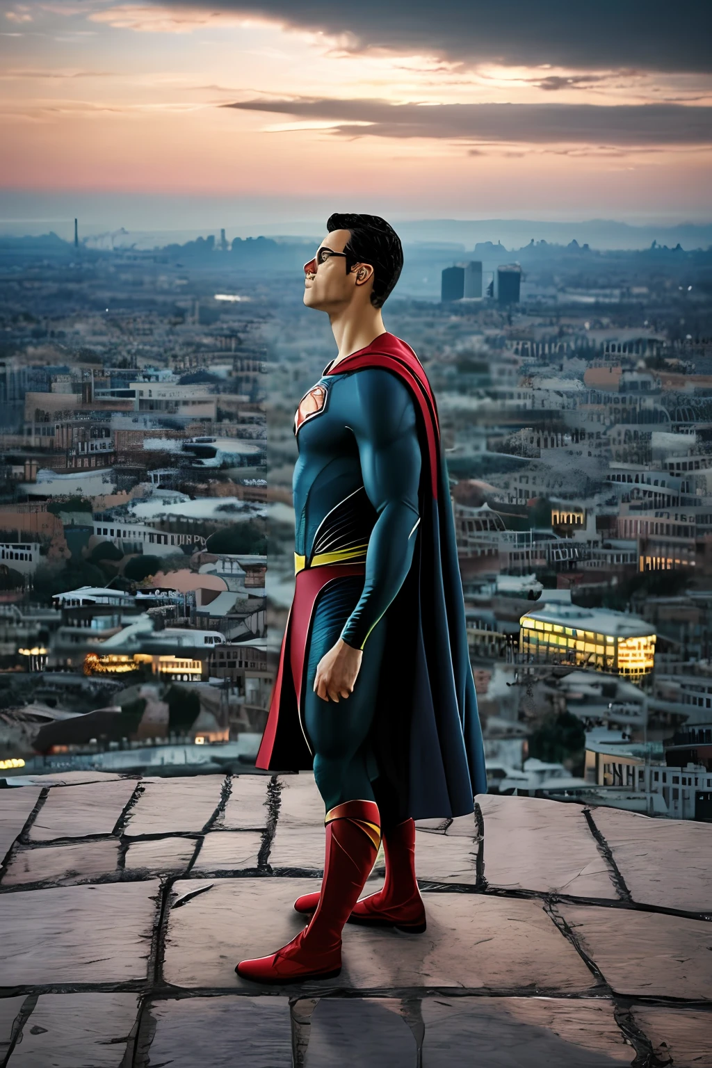 GuttonerdVision5, a 45-year-old man, wearing glasses, detailed skin, detailed face, pores, whole body in the scene, wearing Superman's uniform in the center of the image posing for the photographer. The outfit is detailed with its logo on its chest and red cape fluttering its back. The outfit is from the movie "Man of steel". The man is standing in mid-air with his cloak fluttering, having the city below him blurry. The lighting is cinematic, and the scene very detailed in UHD. Photorealism is the trend of this award-winning photography.