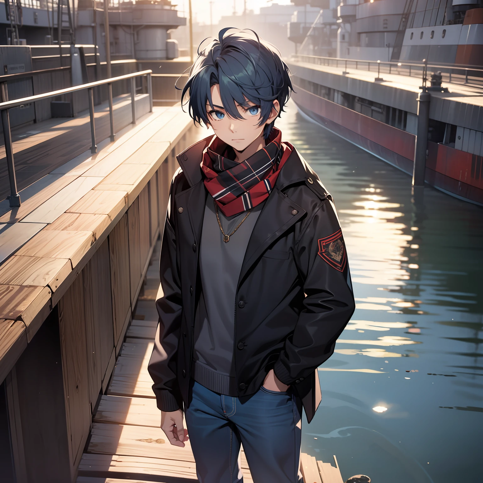 Young boy, 17 years old, dark blue hair, Kirito hair, dark blue scarf, shy posture, wearing a black wool sweater, jeans, blue eyes, on the deck of a ship, looking at the viewer, 4K, Masterpiece, Good Anathomy
