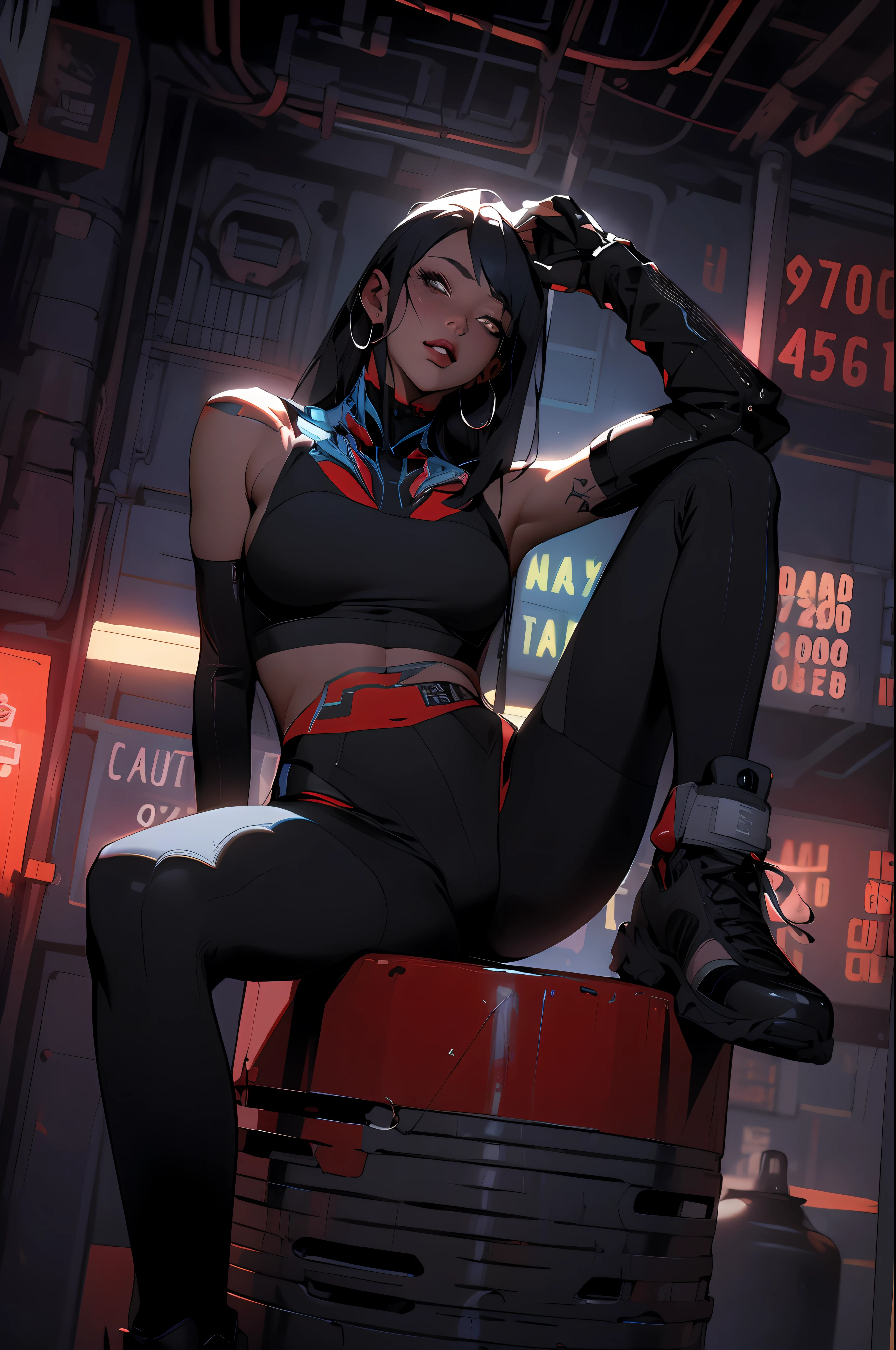 ((Best quality)), ((masterpiece)), (detailed: 1.4),Caucasian girl with 2-piece outfit, slim physique, collarbone and neck tattoo, full-length, beautiful figure, cyberpunk bikini, black clothing items with colorful graphics, red boots, 3/4 sock, cyberpunk style, super detailed, inside a container, Nji —V5, pastel, HDR (High Dynamic Range),Ray Tracing,NVIDIA RTX,Super-Resolution,Unreal 5, Subsurface Dispersion, PBR Texture, Post-processing, Anisotropic Filtering, Depth of Field, Maximum Clarity and Sharpness, Multilayer Textures, Albedo and Specular Maps, Surface Shading, Accurate Simulation of Light-Material Interaction, Perfect Proportions, Octane Render, Two-Tone Lighting, Wide Aperture, Low ISO, White Balance, Rule of Thirds, 8K RAW