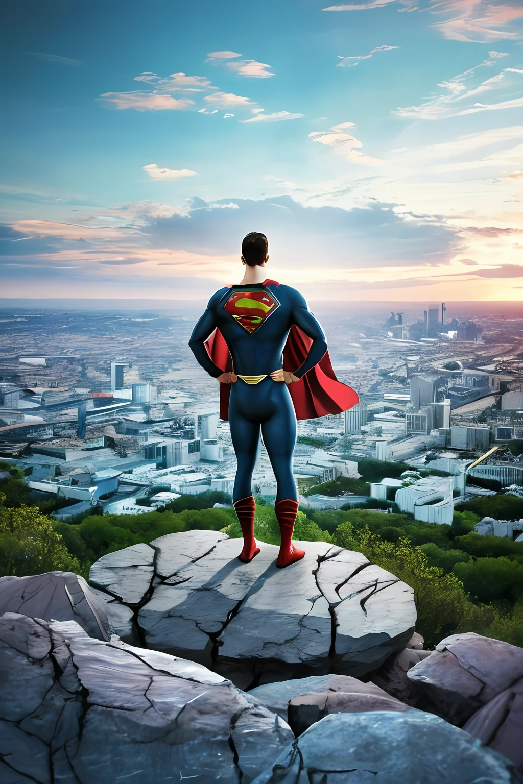 GuttonerdVision5, a 45-year-old man, wearing glasses, detailed skin, detailed face, pores, whole body in the scene, wearing Superman's uniform in the center of the image posing for the photographer. The outfit is detailed with its logo on its chest and red cape fluttering its back. The outfit is from the movie "Man of steel". The man is standing in mid-air with his cloak fluttering, having the city below him blurry. The lighting is cinematic, and the scene very detailed in UHD. Photorealism is the trend of this award-winning photography.