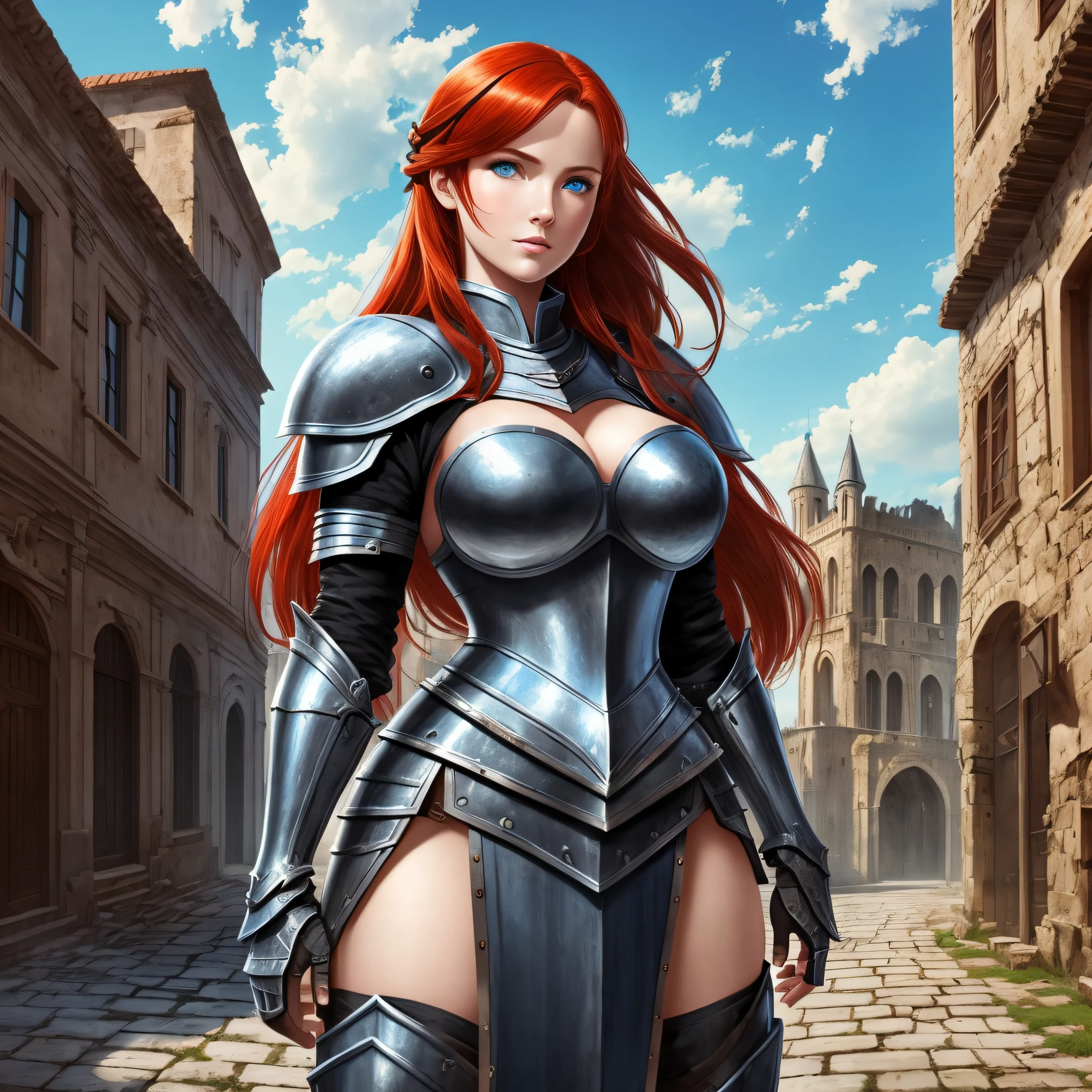 She is a knight, with large breasts, in black steel armor, red hair, blue eyes, in a ruined European city, --auto --s2