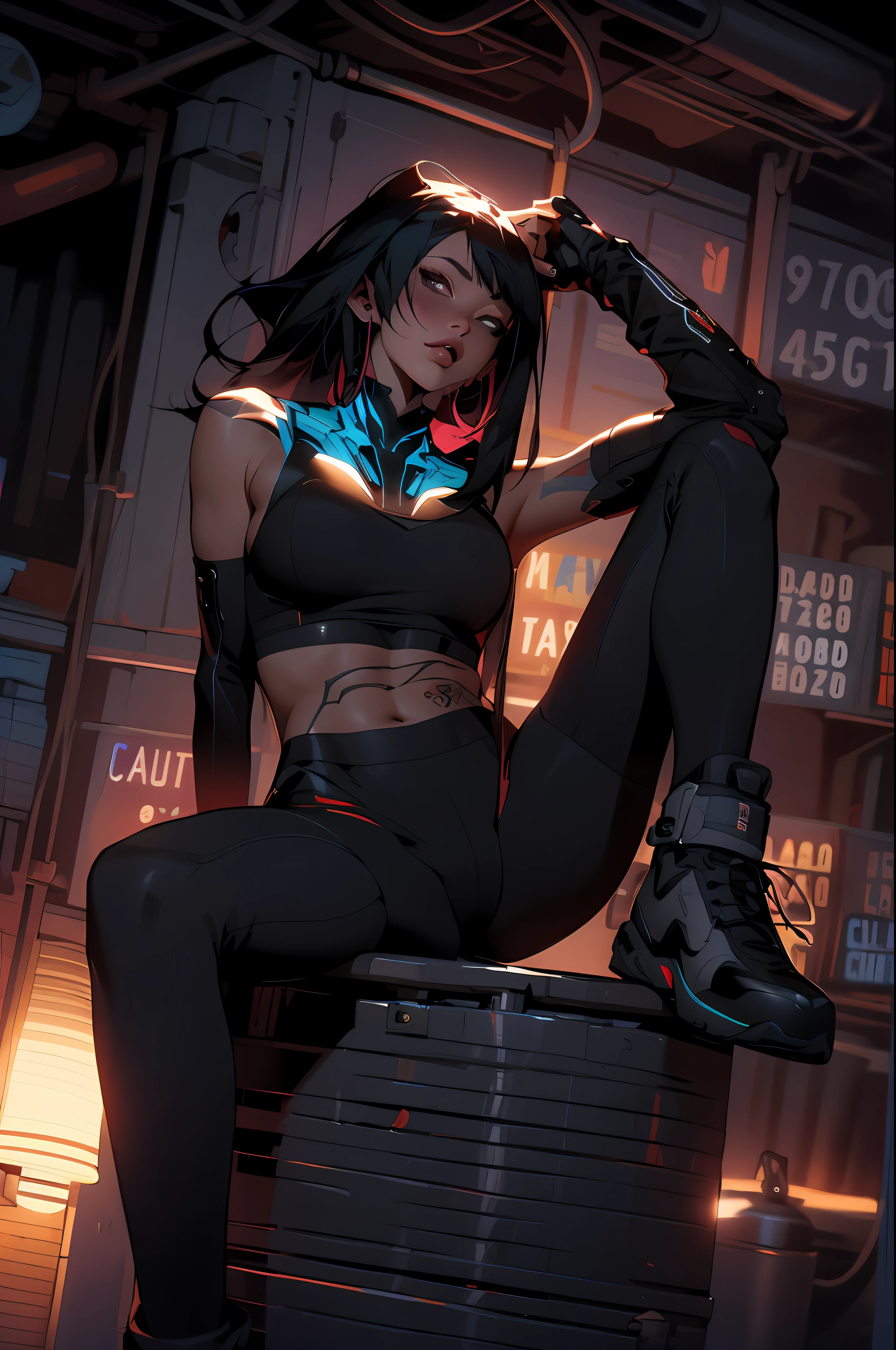 ((Best quality)), ((masterpiece)), (detailed: 1.4),Caucasian girl with 2-piece outfit, slim physique, collarbone and neck tattoo, full-length, beautiful figure, cyberpunk bikini, black clothing items with colorful graphics, red boots, 3/4 sock, cyberpunk style, super detailed, inside a container, Nji —V5, pastel, HDR (High Dynamic Range),Ray Tracing,NVIDIA RTX,Super-Resolution,Unreal 5, Subsurface Dispersion, PBR Texture, Post-processing, Anisotropic Filtering, Depth of Field, Maximum Clarity and Sharpness, Multilayer Textures, Albedo and Specular Maps, Surface Shading, Accurate Simulation of Light-Material Interaction, Perfect Proportions, Octane Render, Two-Tone Lighting, Wide Aperture, Low ISO, White Balance, Rule of Thirds, 8K RAW