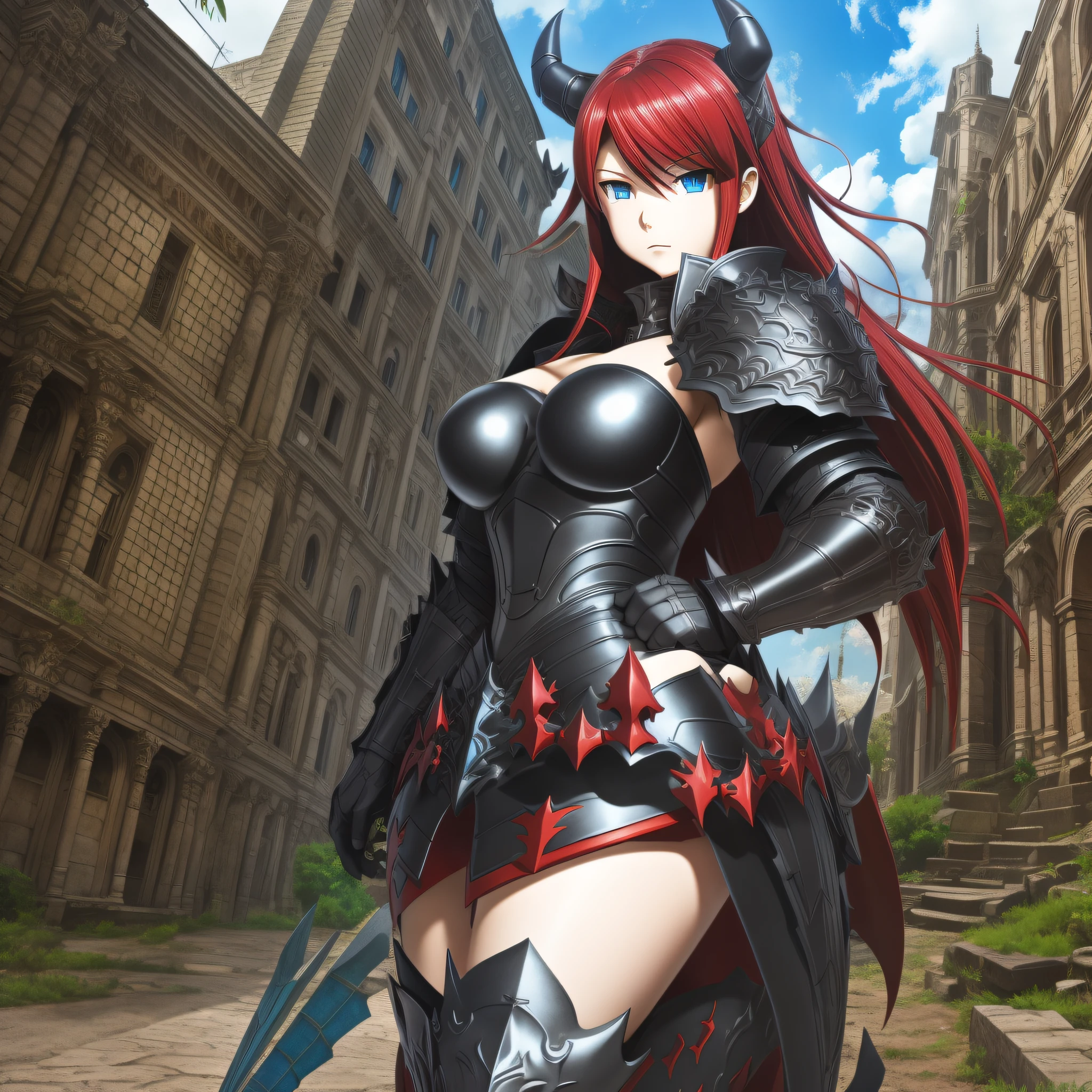 She is a knight, with large breasts, in black steel armor, red hair, blue eyes, erza fairy tail, next to a dragon, in a ruined European city, --auto --s2