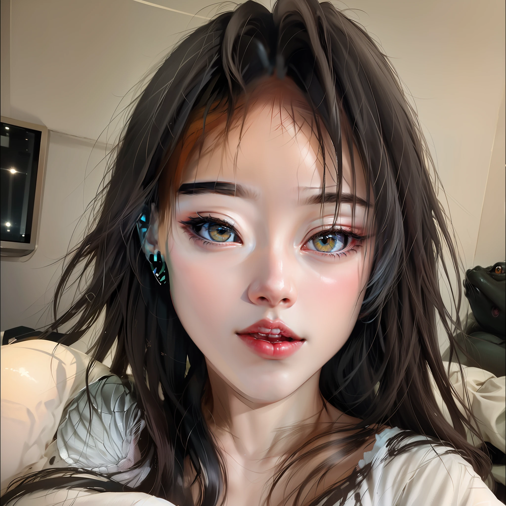 8K, Best Quality, Masterpiece, Ultra High Resolution, (Realism: 1.4), Original Photo, (Realistic Skin Texture: 1.3), (Film Grain: 1.3), (Selfie Angle) @Thanh Liên 🐸: 8K, Best Quality, Masterpiece, Ultra High Resolution, (Realism: 1.4), Original Photo, (Realistic Skin Texture: 1.3), (Film Grain: 1.3), (Selfie Angle), 1 Girl, Beautiful Eyes and Face Details, Masterpiece, Best Quality, Close-up, Upper Body, Looking at the Viewer