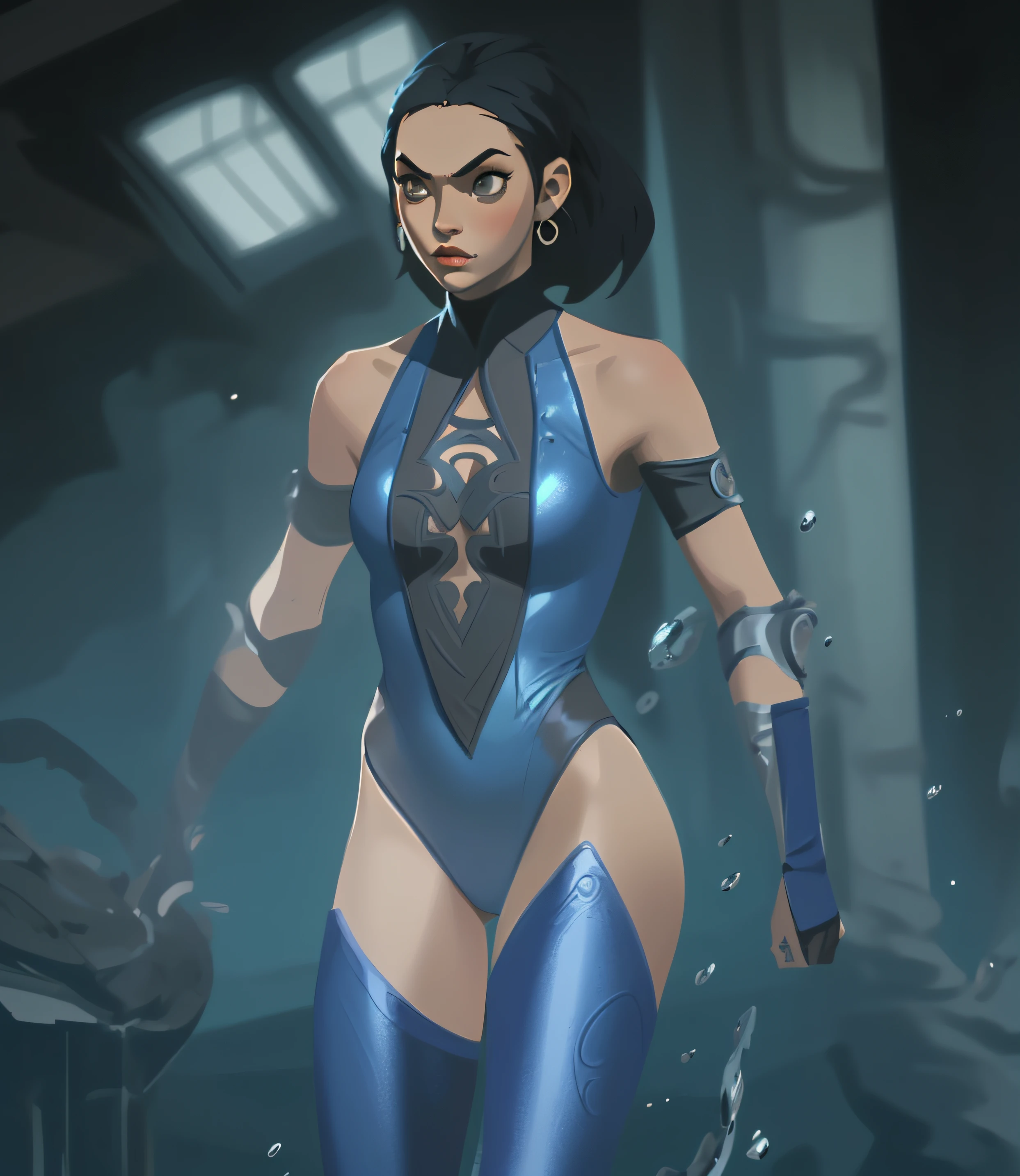 Kitana from Mortal Kombat, in blue and black high cut leotard, blue and black leggings, anime art style, intricate details